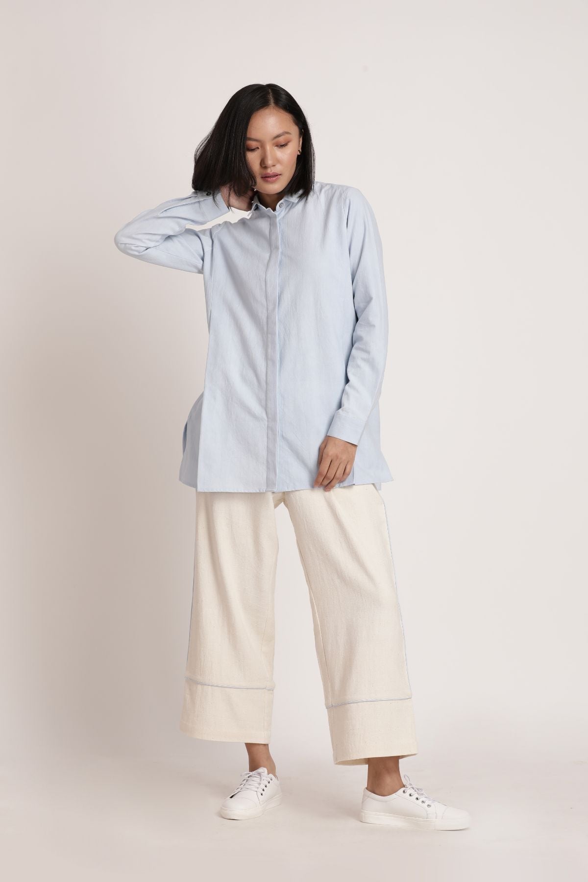 Blue Sora Beju Set by Itya with Blue, Co-ord Sets, Hand Spun Cotton, Handwoven cotton, Natural, Off-white, Office, Office Wear, Office Wear Co-ords, Pastel Perfect, Pastel Perfect by Itya, Plant Dye, Relaxed Fit, Solids, SS22, Womenswear at Kamakhyaa for sustainable fashion