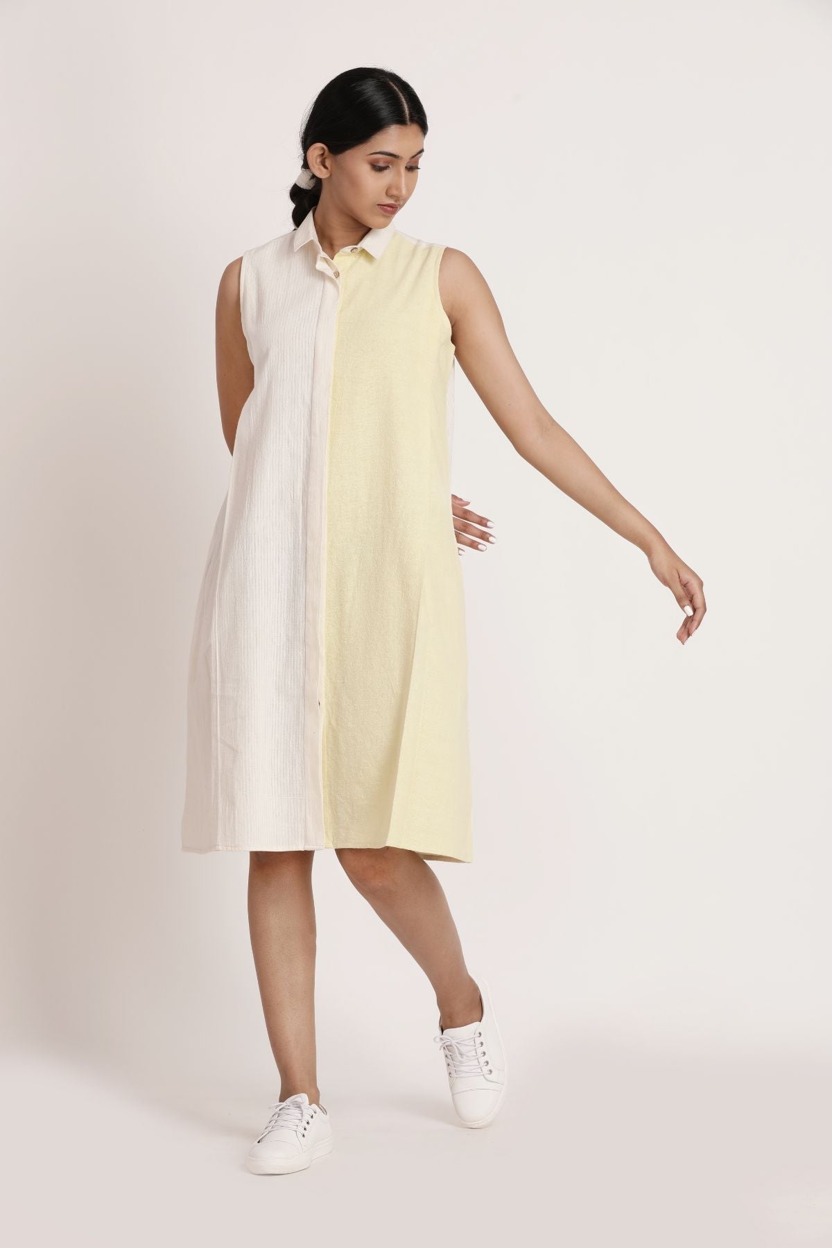 Nikko Dress by Itya with Casual Wear, Hand Spun Cotton, Handwoven cotton, Midi Dresses, Natural, Off-white, Pastel Perfect, Pastel Perfect by Itya, Plant Dye, Relaxed Fit, Sleeveless Dresses, Solids, SS22, Womenswear, Yellow at Kamakhyaa for sustainable fashion