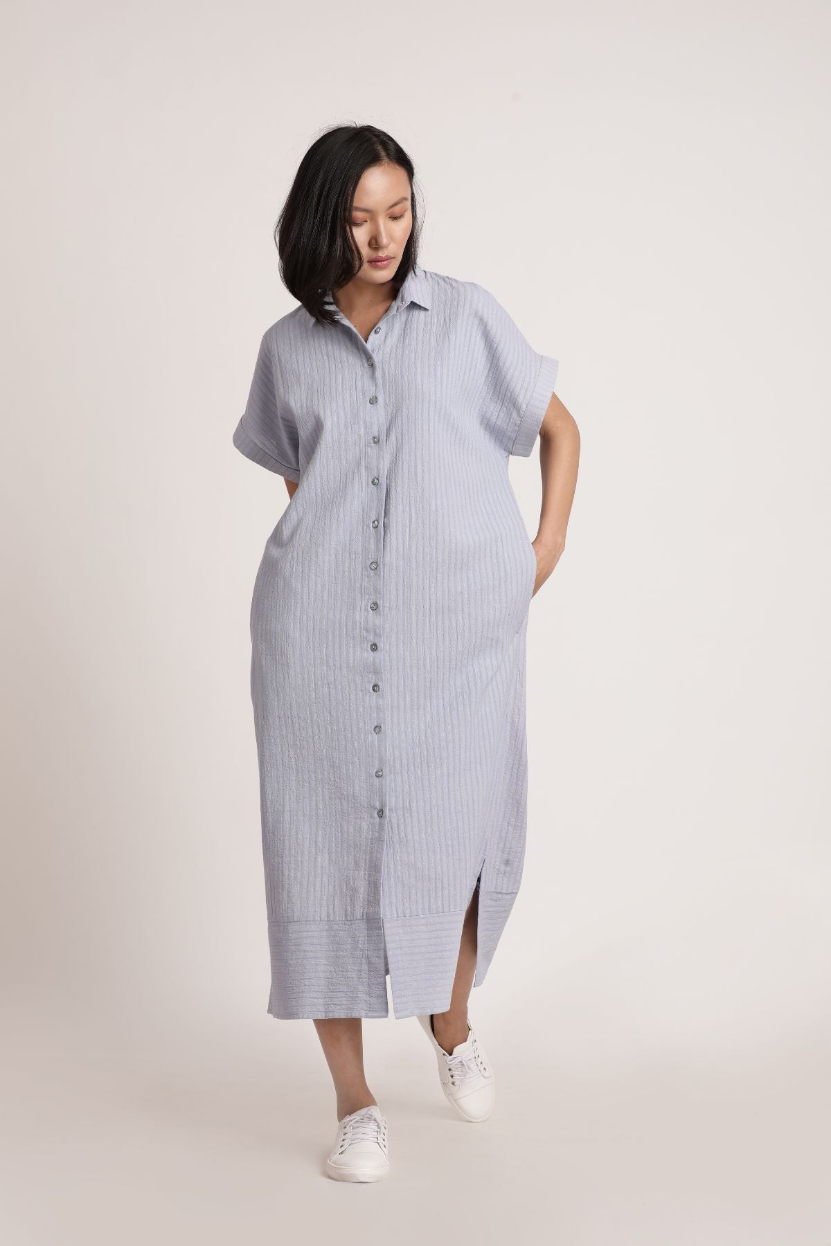 Kaftan Long Shirt by Itya with Blue, Casual Wear, Hand Spun Cotton, Handwoven cotton, Midi Dresses, Natural, Pastel Perfect, Pastel Perfect by Itya, Plant Dye, Purple, Relaxed Fit, Shirt Dresses, Shirts, SS22, Textured, Womenswear, Yellow at Kamakhyaa for sustainable fashion
