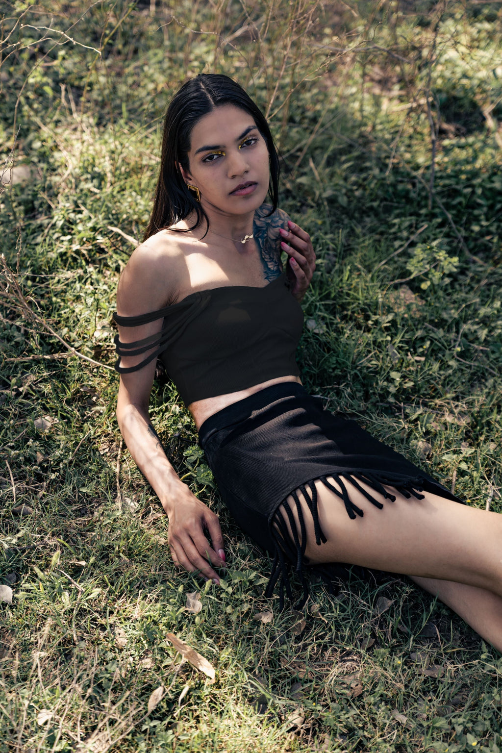 Black Crop Top by Meko Studio with Black, Cotton, Crop Tops, Deadstock Fabrics, Evening Wear, July Sale, July Sale 2023, Lycra, Off-shoulder Tops, Slim Fit, Solids, Verao by Meko Studio, Verao SS-22/23, Womenswear at Kamakhyaa for sustainable fashion