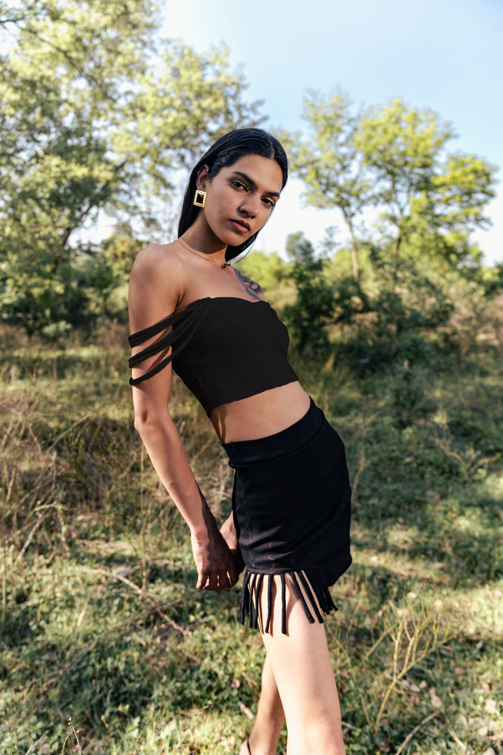 Black Crop Top by Meko Studio with Black, Cotton, Crop Tops, Deadstock Fabrics, Evening Wear, July Sale, July Sale 2023, Lycra, Off-shoulder Tops, Slim Fit, Solids, Verao by Meko Studio, Verao SS-22/23, Womenswear at Kamakhyaa for sustainable fashion