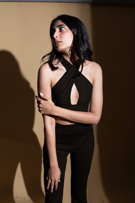 Black Cotton Crop Top by Meko Studio with Black, Cotton Terry, Crop Tops, Deadstock Fabrics, Evening Wear, For Her, Halter Neck Tops, July Sale, July Sale 2023, Reroot AW-21/22, Reroot by Meko Studio, Slim Fit, Solids, Womenswear at Kamakhyaa for sustainable fashion
