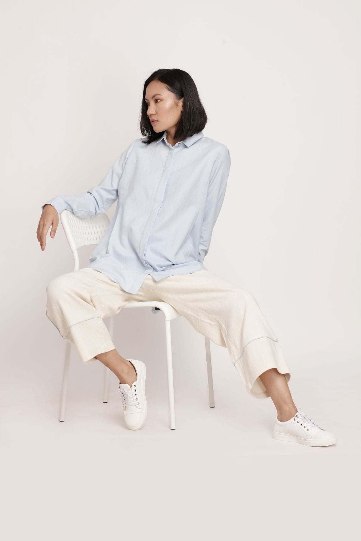 Blue Sora Beju Set by Itya with Blue, Co-ord Sets, Hand Spun Cotton, Handwoven cotton, Natural, Off-white, Office, Office Wear, Office Wear Co-ords, Pastel Perfect, Pastel Perfect by Itya, Plant Dye, Relaxed Fit, Solids, SS22, Womenswear at Kamakhyaa for sustainable fashion