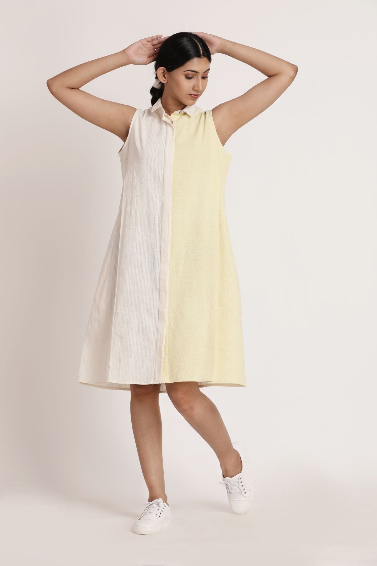 Nikko Dress by Itya with Casual Wear, Hand Spun Cotton, Handwoven cotton, Midi Dresses, Natural, Off-white, Pastel Perfect, Pastel Perfect by Itya, Plant Dye, Relaxed Fit, Sleeveless Dresses, Solids, SS22, Womenswear, Yellow at Kamakhyaa for sustainable fashion