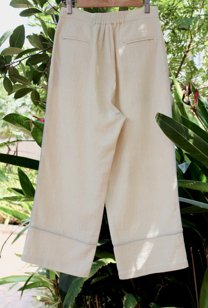 Blue Beju Pants by Itya with Hand Spun Cotton, Handwoven cotton, Natural, Off-white, Office Wear, Pants, Pastel Perfect, Pastel Perfect by Itya, Plant Dye, Relaxed Fit, Solids, SS22, Womenswear at Kamakhyaa for sustainable fashion