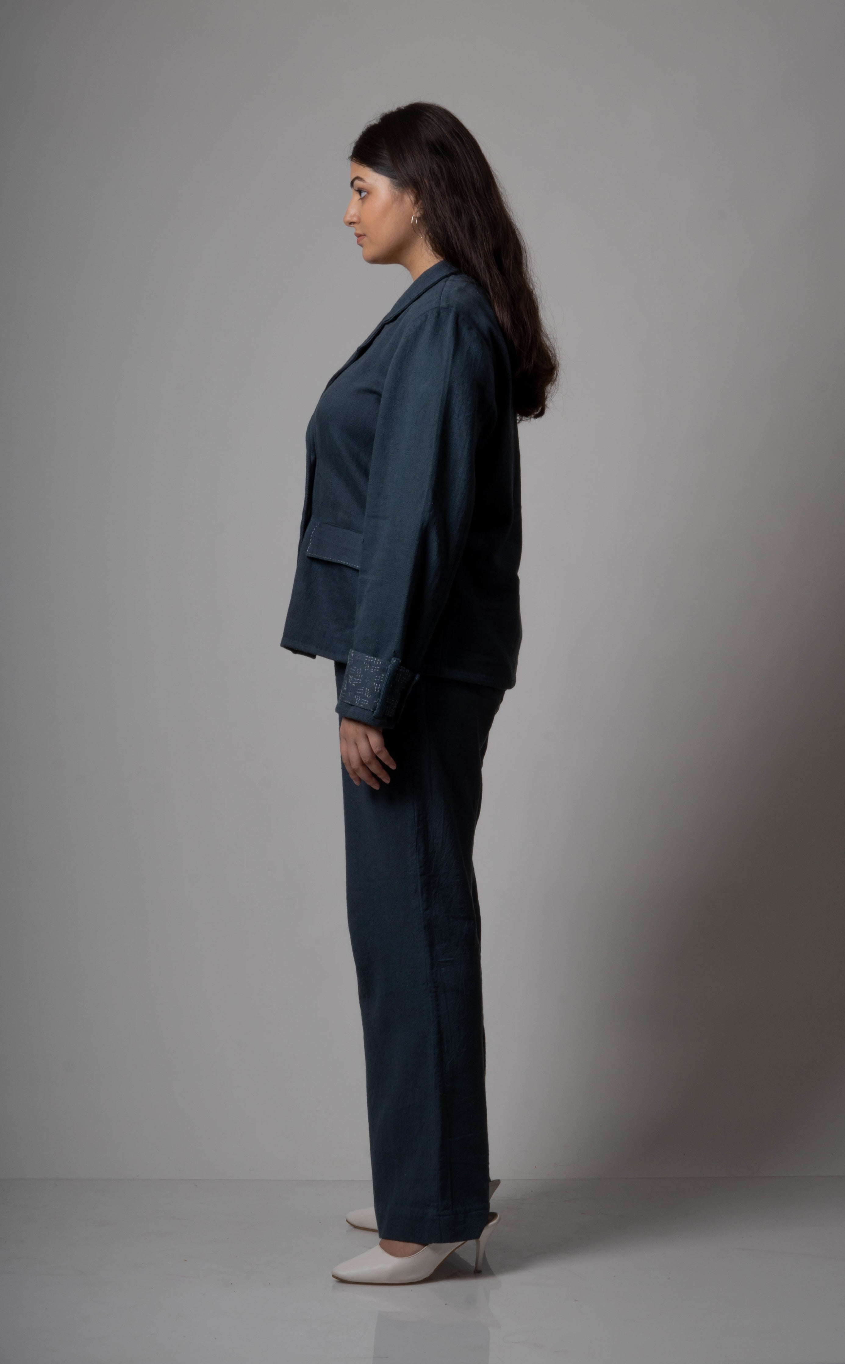 Grey Double Breasted Cotton Jacket by Lafaani with Blazers, Casual Wear, Cotton, Grey, Natural, Regular Fit, Solids, The Way You Look by Lafaani, Womenswear at Kamakhyaa for sustainable fashion