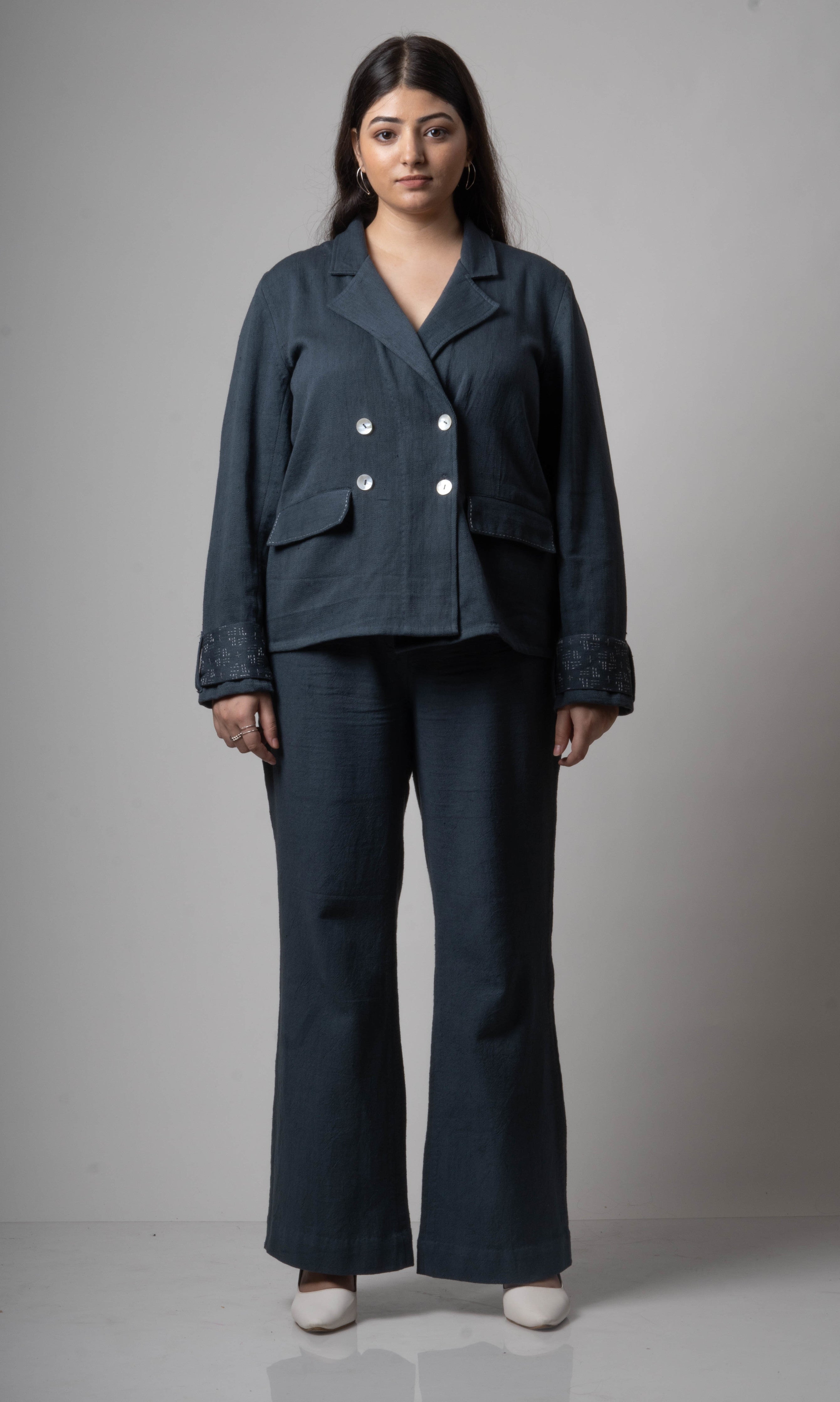 Grey Double Breasted Cotton Jacket by Lafaani with Blazers, Casual Wear, Cotton, Grey, Natural, Regular Fit, Solids, The Way You Look by Lafaani, Womenswear at Kamakhyaa for sustainable fashion