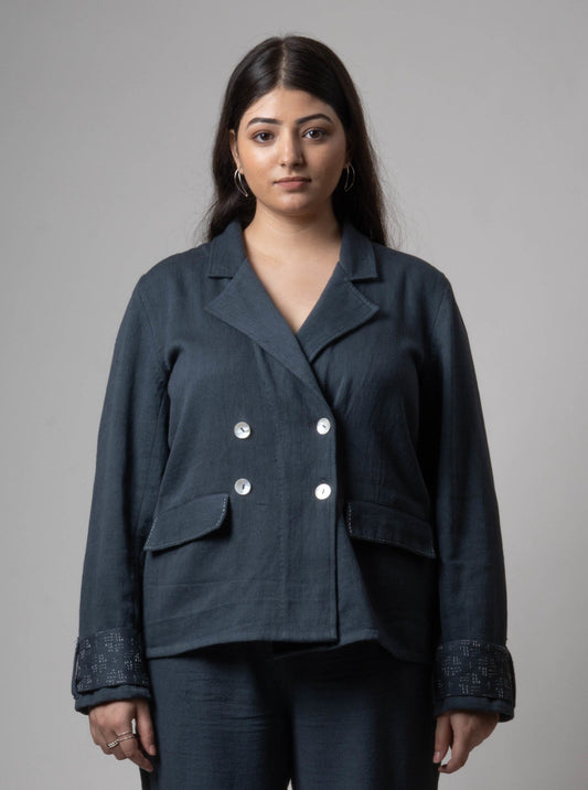 Grey Double Breasted Cotton Jacket at Kamakhyaa by Lafaani. This item is Blazers, Casual Wear, Cotton, Grey, Natural, Regular Fit, Solids, Womenswear