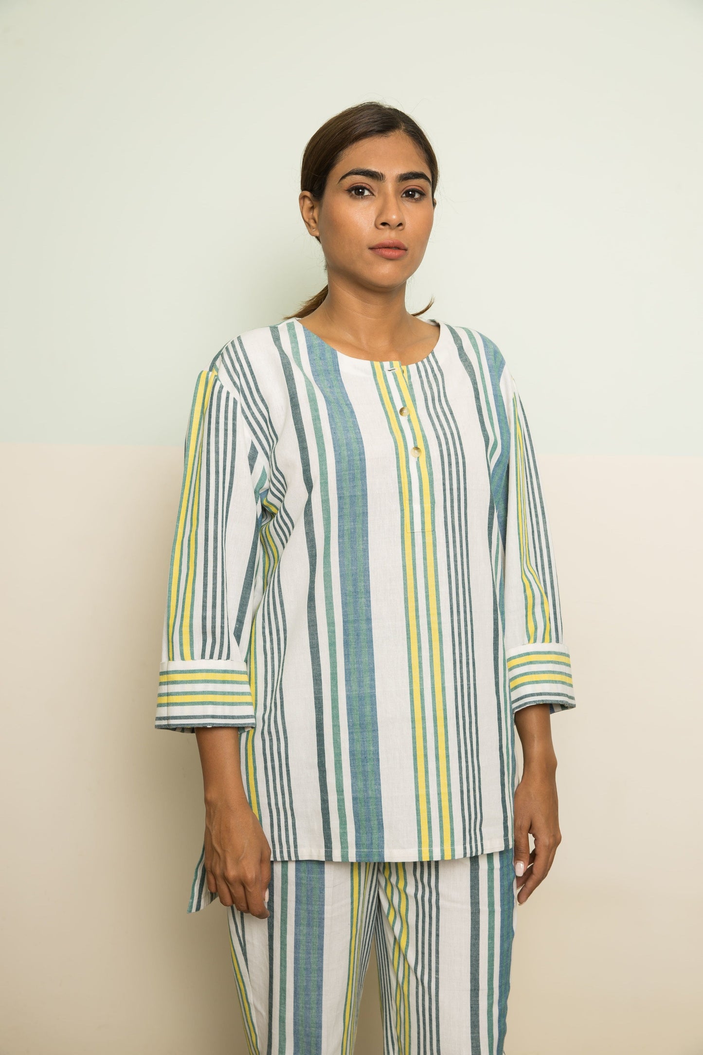 Blue Cotton Casual Co-ord by Anushé Pirani with 100% Cotton, Blue, Casual Wear, Handwoven, Handwoven Cotton, Lounge Wear Co-ords, Regular Fit, Stripes, The Co-ord Edit, The Co-ord Edit by Anushe Pirani, Womenswear at Kamakhyaa for sustainable fashion