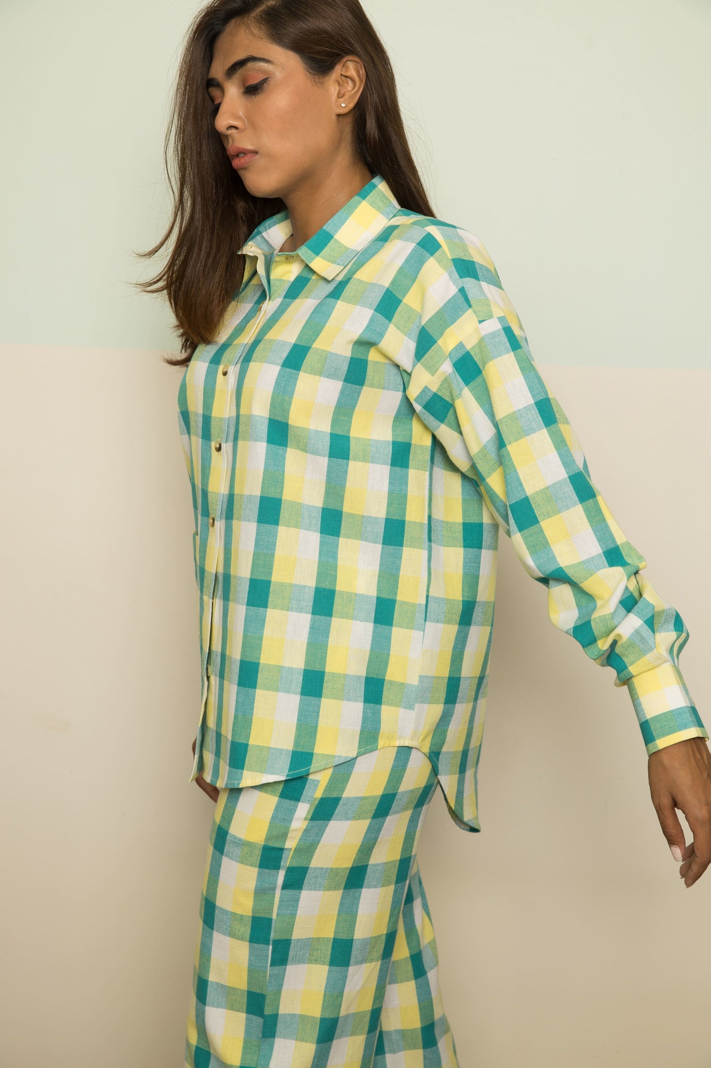 Green Casual Co-ord by Anushé Pirani with 100% Cotton, Casual Wear, Checks, Green, Handwoven, Handwoven Cotton, Lounge Wear Co-ords, Regular Fit, The Co-ord Edit, The Co-ord Edit by Anushe Pirani, Womenswear at Kamakhyaa for sustainable fashion