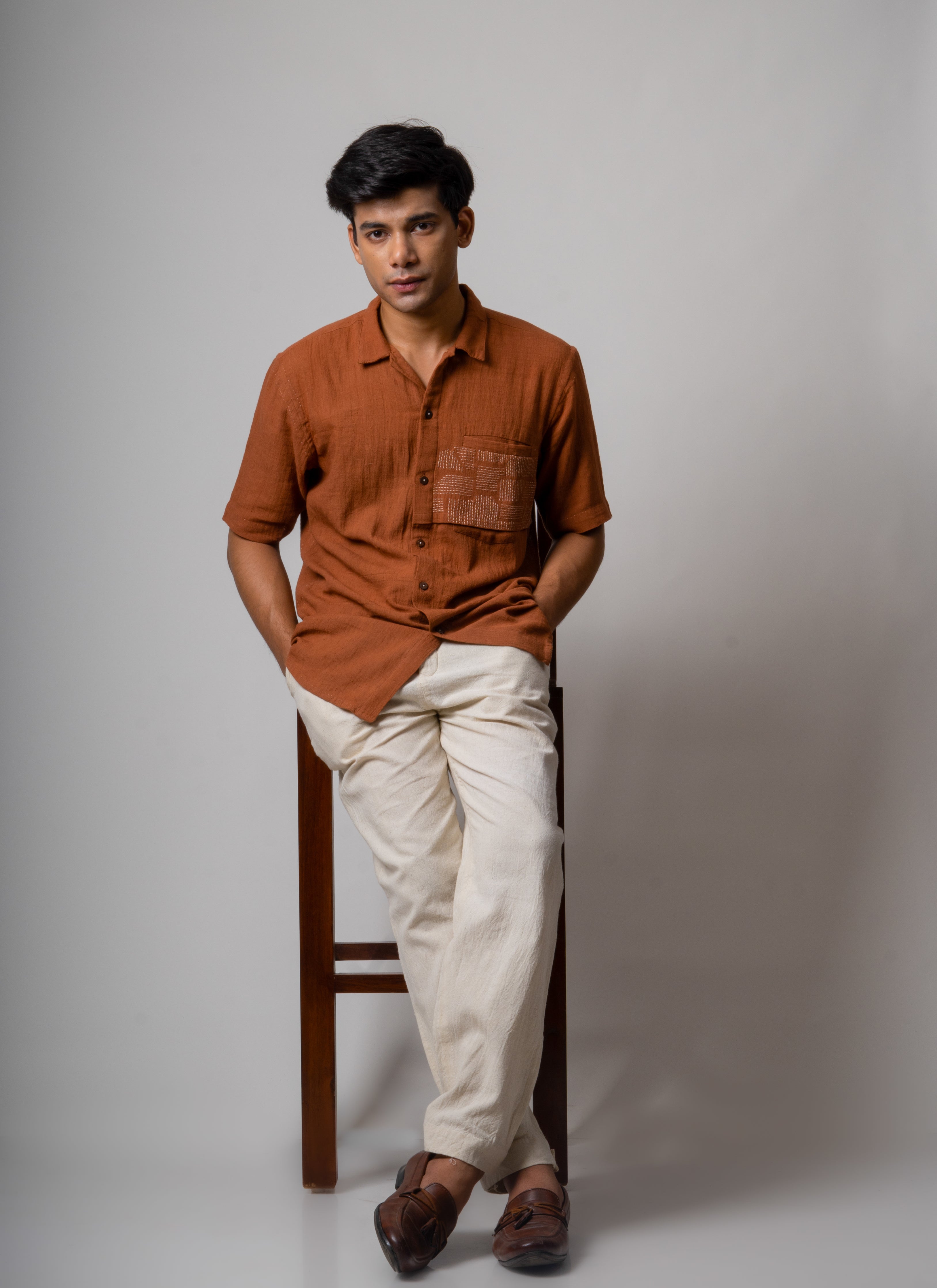 Brown Embroidered Cotton Shirt by Lafaani with Brown, Casual Wear, Cotton, fall, For Him, Menswear, Natural, Regular Fit, Shirts, Solids, The Way You Look by Lafaani, Tops at Kamakhyaa for sustainable fashion