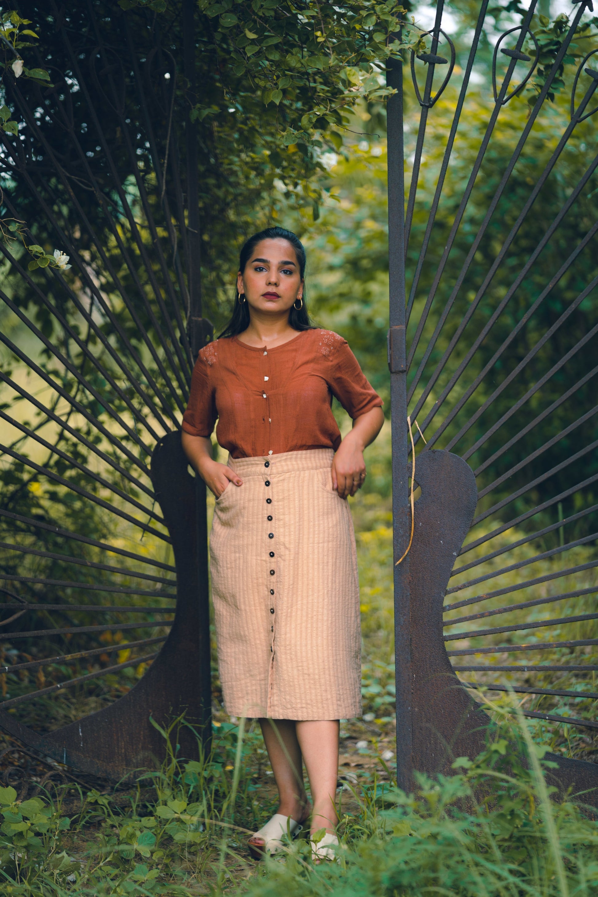 Beige Skirt by Lafaani with Brown, Casual Wear, Cotton, Fall, For Siblings, Mini Skirts, Natural, Regular Fit, Skirts, Solids, The Way You Look by Lafaani, Womenswear at Kamakhyaa for sustainable fashion