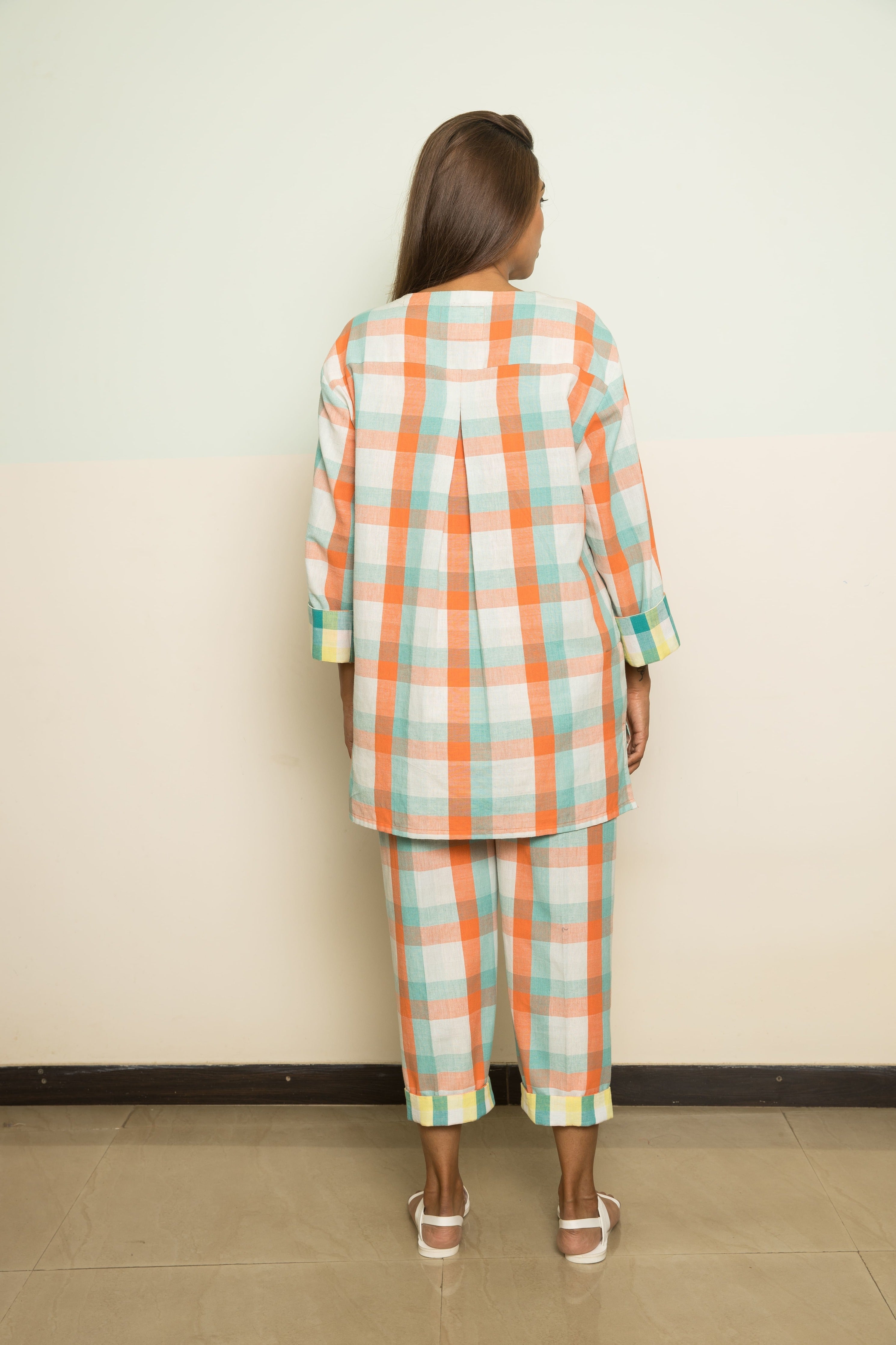 Orange Casual Co-ord by Anushé Pirani with 100% Cotton, Casual Wear, Checks, Handwoven, Handwoven Cotton, Lounge Wear Co-ords, Orange, Regular Fit, The Co-ord Edit, The Co-ord Edit by Anushe Pirani, Womenswear at Kamakhyaa for sustainable fashion