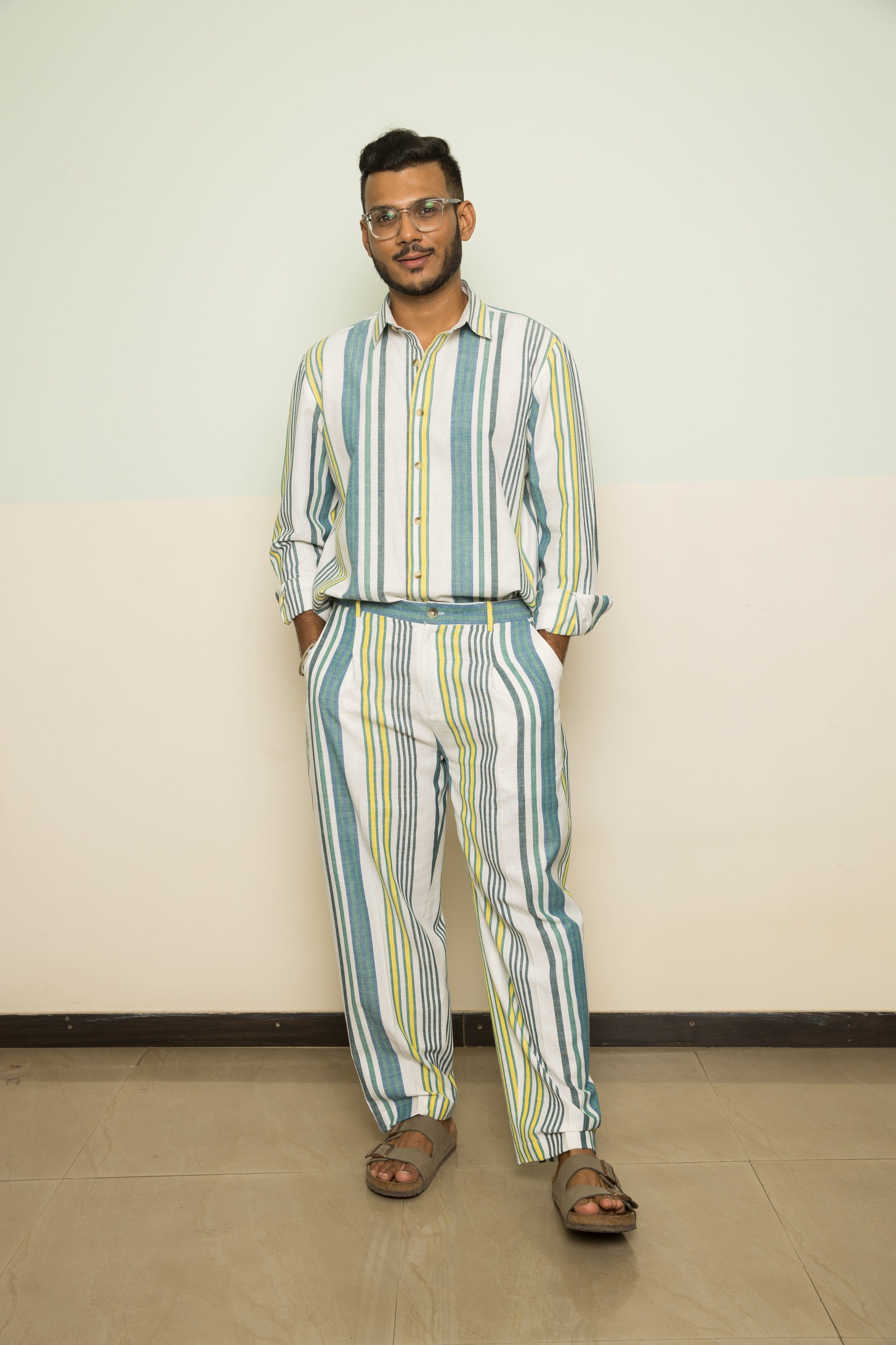 Blue Wanderlust Mens Co-ord by Anushé Pirani with 100% Cotton, Blue, Casual Wear, Handwoven, Handwoven Cotton, Lounge Wear Co-ords, Regular Fit, Stripes, The Co-ord Edit, The Co-ord Edit by Anushe Pirani, Womenswear at Kamakhyaa for sustainable fashion