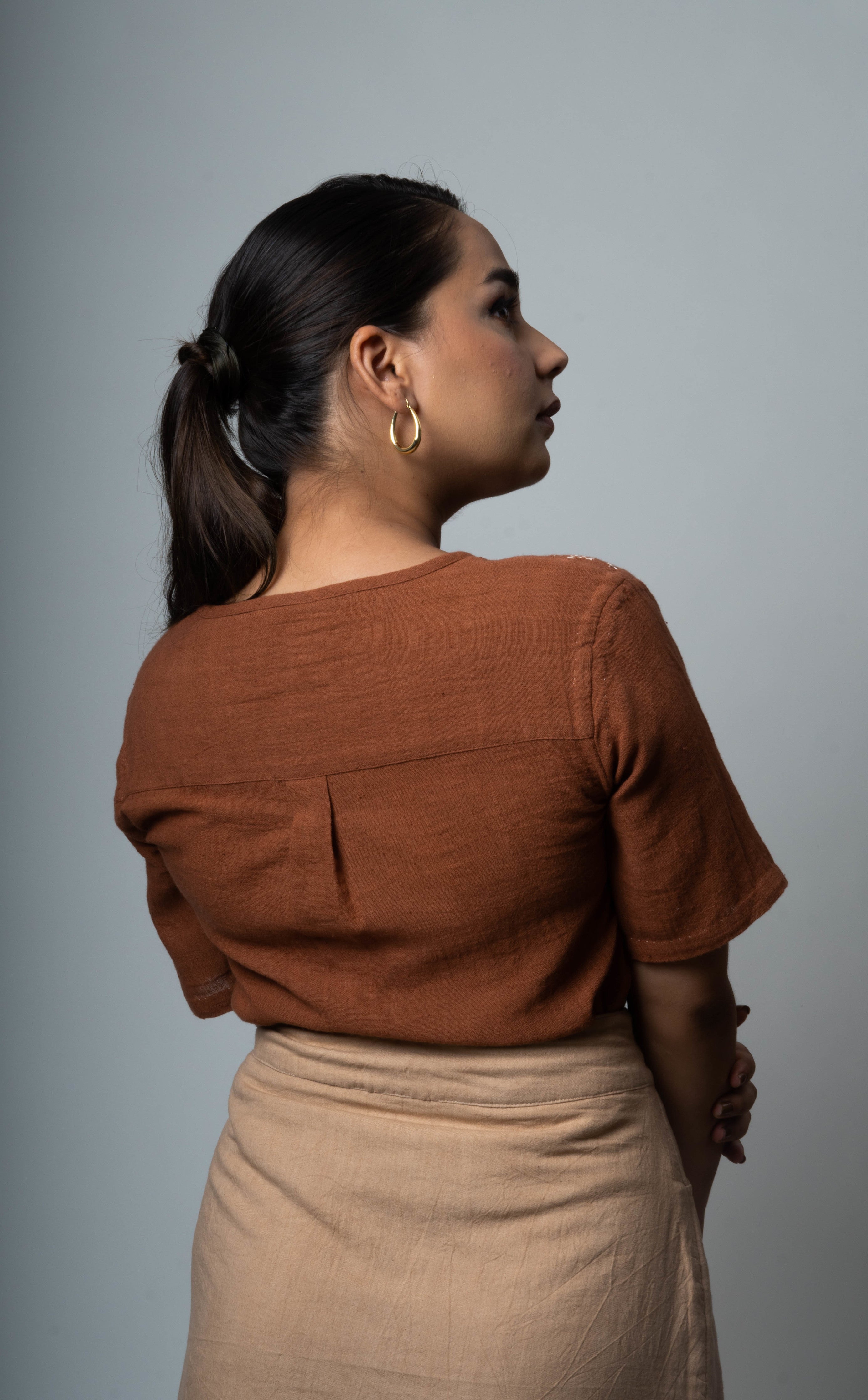 Brown Embroidered Cotton Tunic Top by Lafaani with Brown, Casual Wear, Cotton, fall, Natural, Regular Fit, Shirts, Solids, The Way You Look by Lafaani, Tops, Womenswear at Kamakhyaa for sustainable fashion