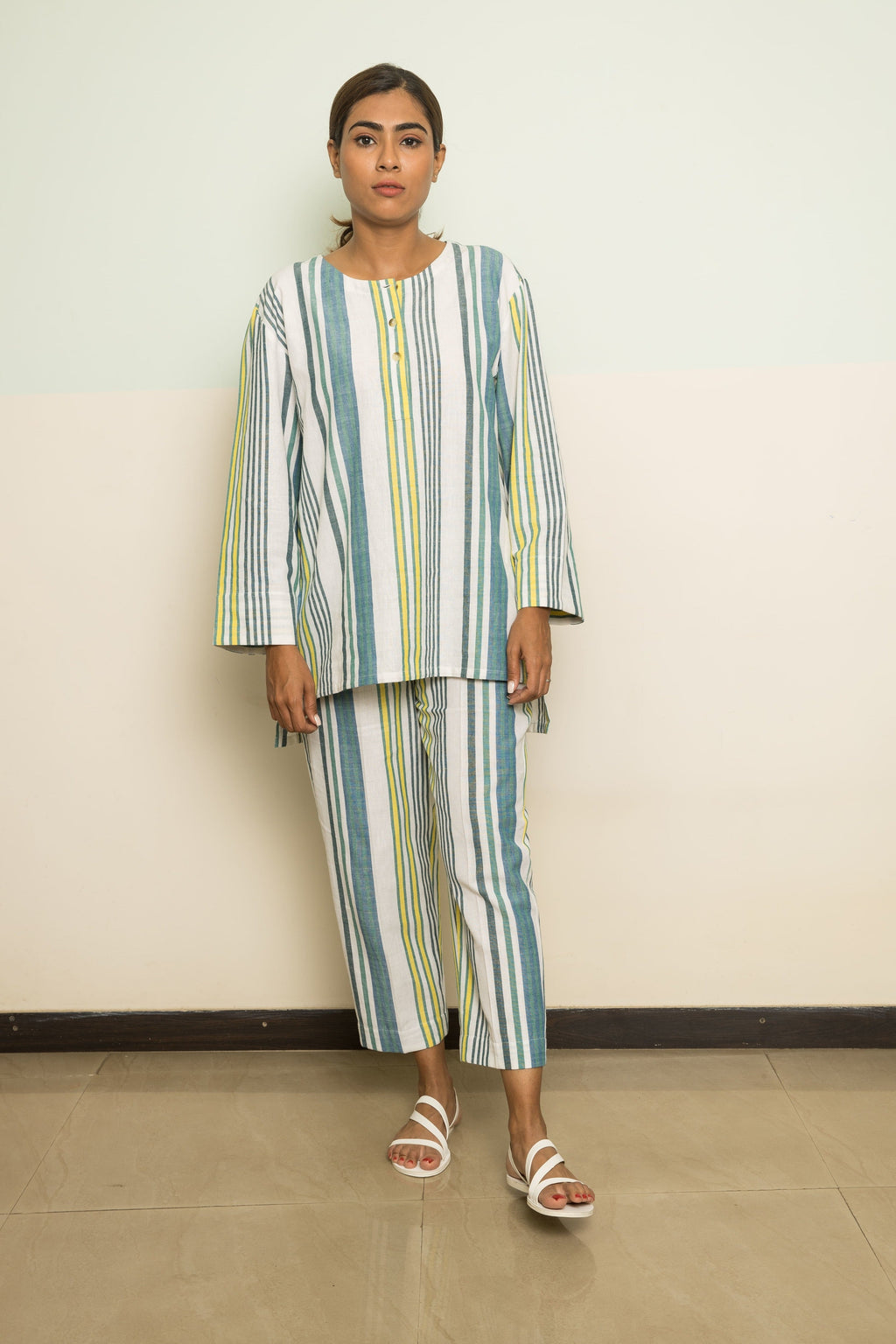 Blue Cotton Casual Co-ord by Anushé Pirani with 100% Cotton, Blue, Casual Wear, Handwoven, Handwoven Cotton, Lounge Wear Co-ords, Regular Fit, Stripes, The Co-ord Edit, The Co-ord Edit by Anushe Pirani, Womenswear at Kamakhyaa for sustainable fashion