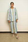 Blue Cotton Casual Co-ord by Anushé Pirani with 100% Cotton, Blue, Casual Wear, Handwoven, Handwoven Cotton, Lounge Wear Co-ords, Regular Fit, Stripes, The Co-ord Edit, The Co-ord Edit by Anushe Pirani, Womenswear at Kamakhyaa for sustainable fashion