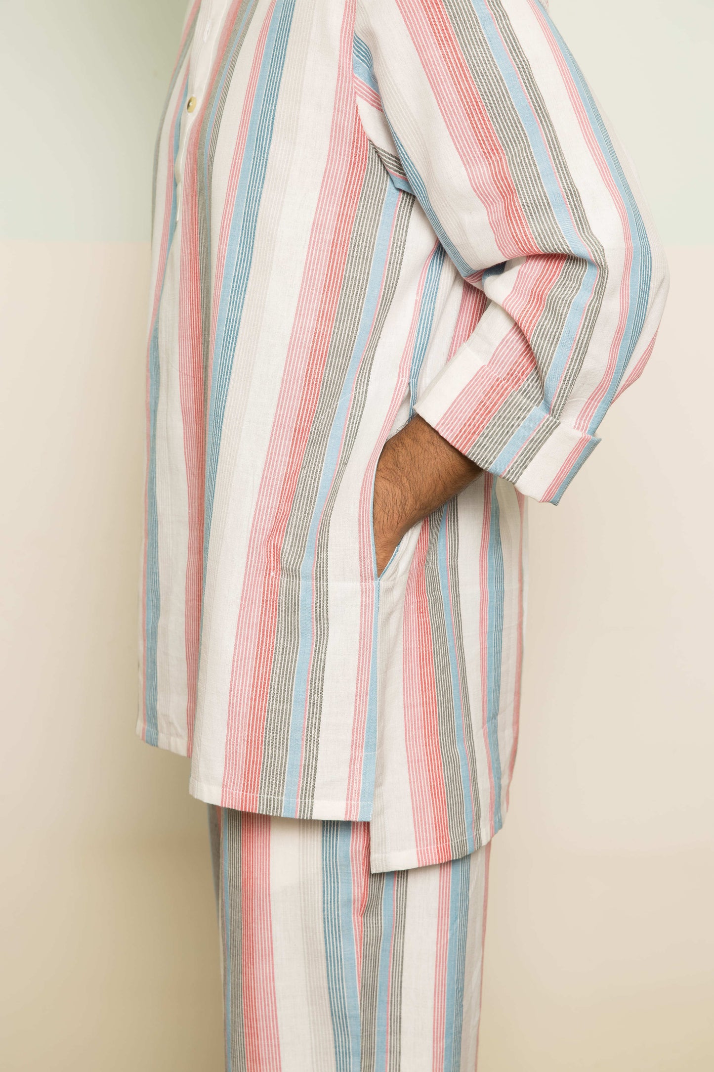 Pink Cotton Co-ord Set by Anushé Pirani with 100% Cotton, Casual Wear, Handwoven, Handwoven Cotton, Lounge Wear Co-ords, Pink, Regular Fit, Stripes, The Co-ord Edit, The Co-ord Edit by Anushe Pirani, Womenswear at Kamakhyaa for sustainable fashion
