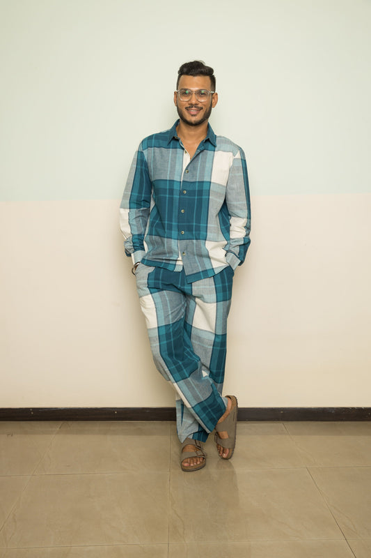 Blue Casual Mens Co-ord by Anushé Pirani with 100% Cotton, Blue, Casual Wear, Checks, Handwoven, Handwoven Cotton, Lounge Wear Co-ords, Regular Fit, The Co-ord Edit, The Co-ord Edit by Anushe Pirani, Womenswear at Kamakhyaa for sustainable fashion