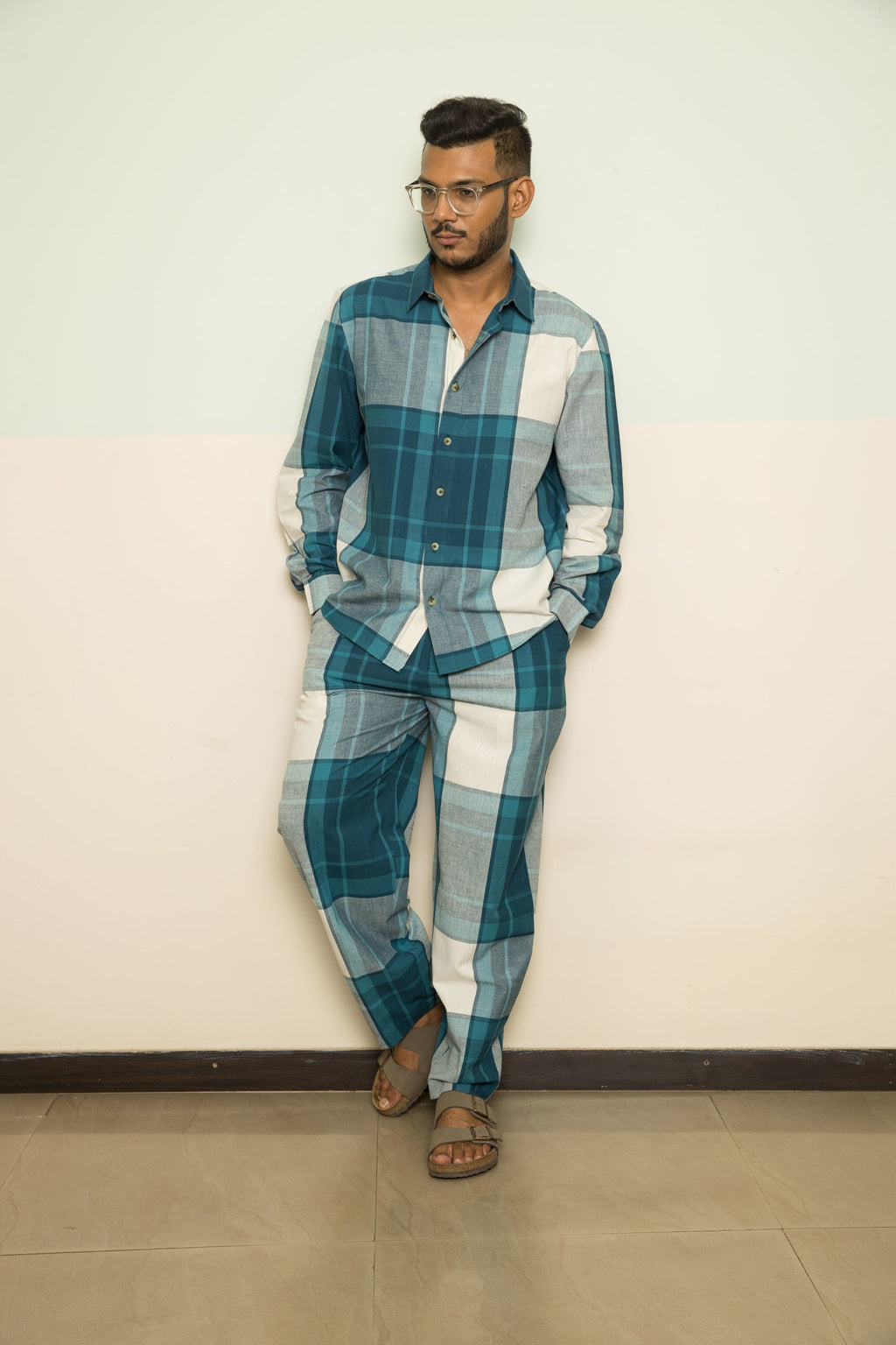 Blue Casual Mens Co-ord by Anushé Pirani with 100% Cotton, Blue, Casual Wear, Checks, Handwoven, Handwoven Cotton, Lounge Wear Co-ords, Regular Fit, The Co-ord Edit, The Co-ord Edit by Anushe Pirani, Womenswear at Kamakhyaa for sustainable fashion
