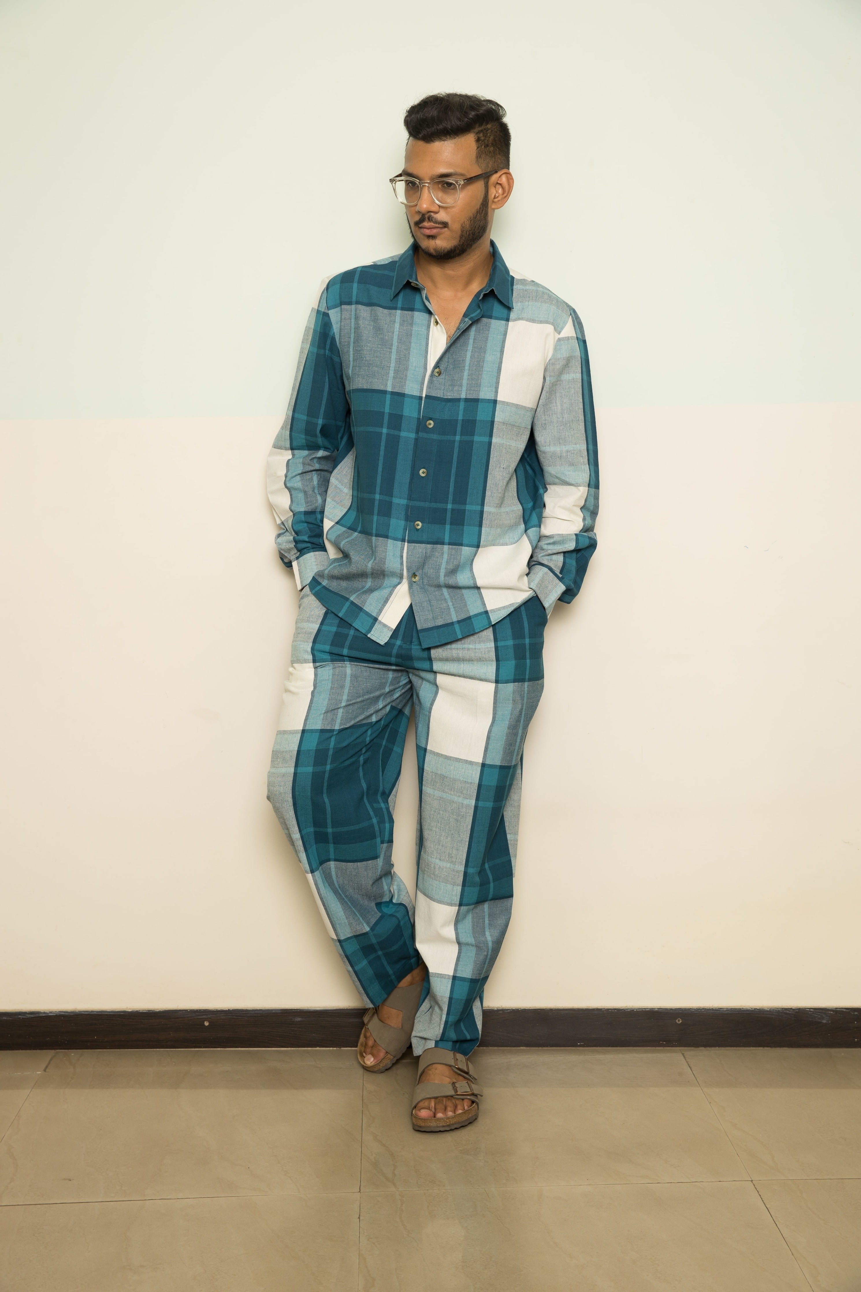 Blue Casual Mens Co-ord by Anushé Pirani with 100% Cotton, Blue, Casual Wear, Checks, Handwoven, Handwoven Cotton, Lounge Wear Co-ords, Regular Fit, The Co-ord Edit, The Co-ord Edit by Anushe Pirani, Womenswear at Kamakhyaa for sustainable fashion