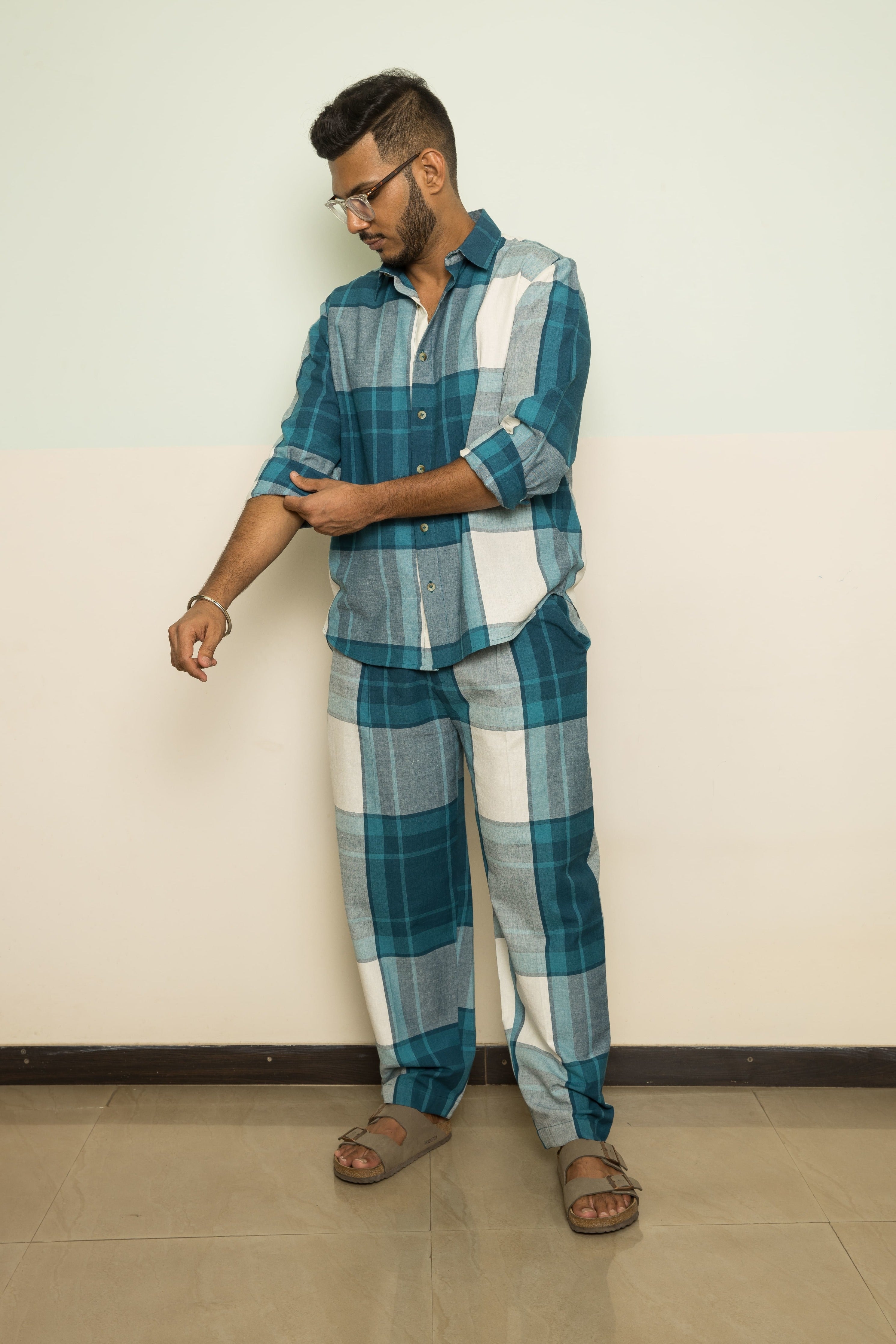 Blue Casual Mens Co-ord by Anushé Pirani with 100% Cotton, Blue, Casual Wear, Checks, Handwoven, Handwoven Cotton, Lounge Wear Co-ords, Regular Fit, The Co-ord Edit, The Co-ord Edit by Anushe Pirani, Womenswear at Kamakhyaa for sustainable fashion