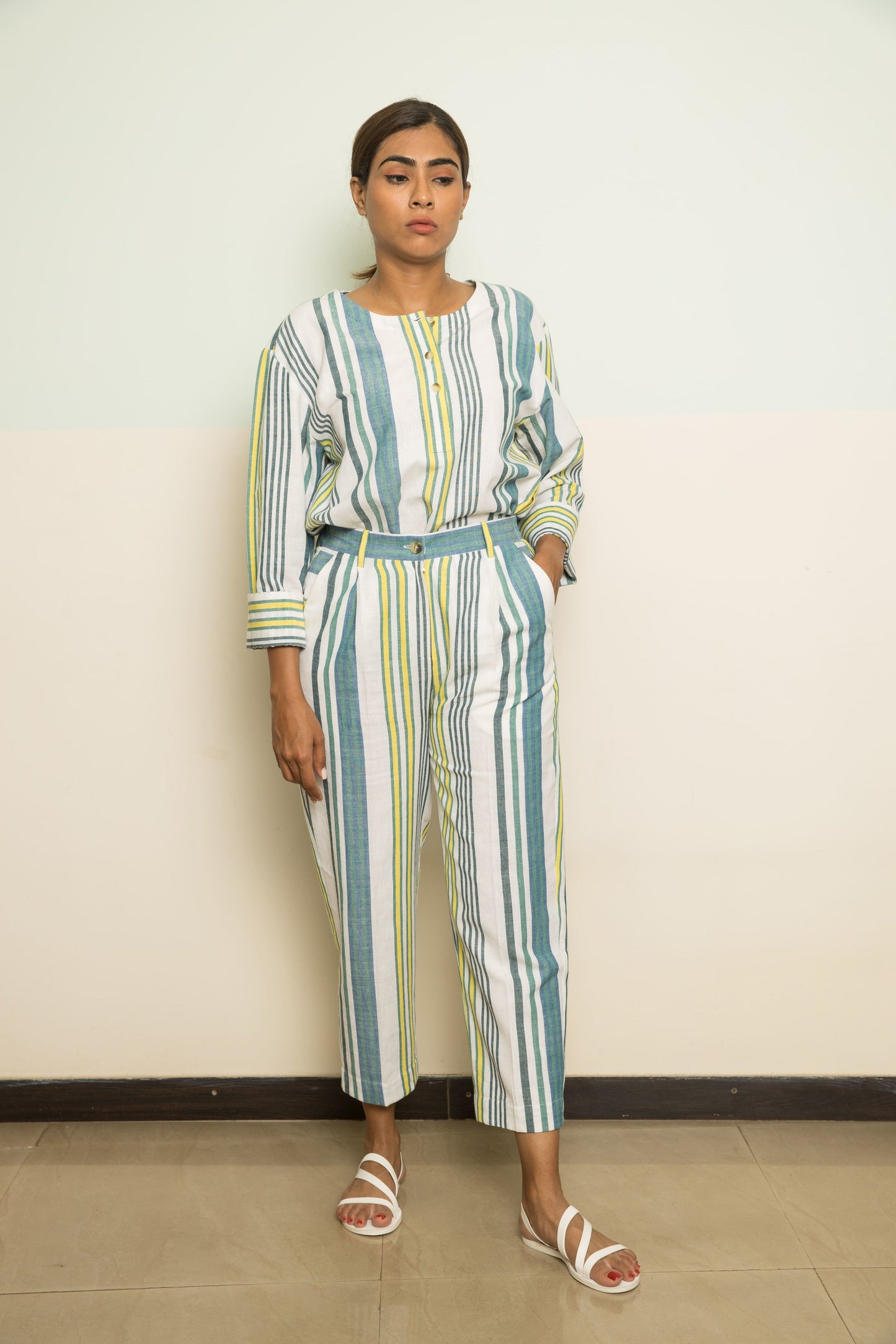 Blue Cotton Casual Co-ord by Anushé Pirani with 100% Cotton, Blue, Casual Wear, Handwoven, Handwoven Cotton, Lounge Wear Co-ords, Regular Fit, Stripes, The Co-ord Edit, The Co-ord Edit by Anushe Pirani, Womenswear at Kamakhyaa for sustainable fashion