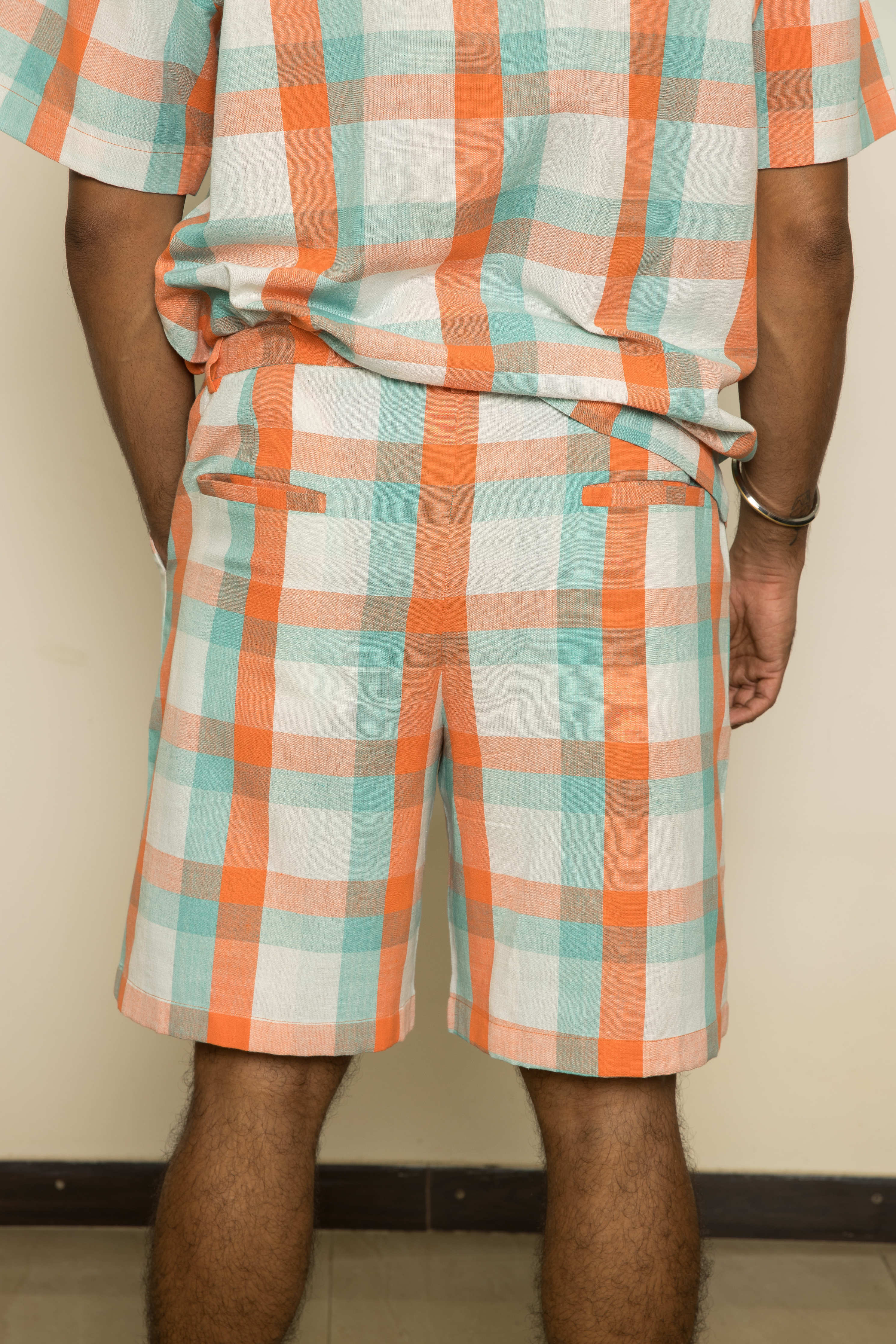 Orange Checks Mens Co-ord by Anushé Pirani with 100% Cotton, Casual Wear, Checks, Handwoven, Handwoven Cotton, Lounge Wear Co-ords, Orange, Regular Fit, The Co-ord Edit, The Co-ord Edit by Anushe Pirani, Womenswear at Kamakhyaa for sustainable fashion