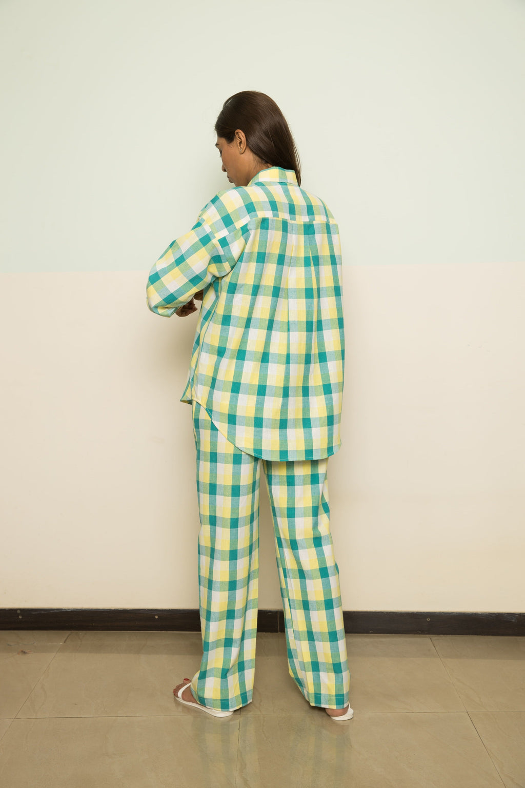 Green Casual Co-ord by Anushé Pirani with 100% Cotton, Casual Wear, Checks, Green, Handwoven, Handwoven Cotton, Lounge Wear Co-ords, Regular Fit, The Co-ord Edit, The Co-ord Edit by Anushe Pirani, Womenswear at Kamakhyaa for sustainable fashion