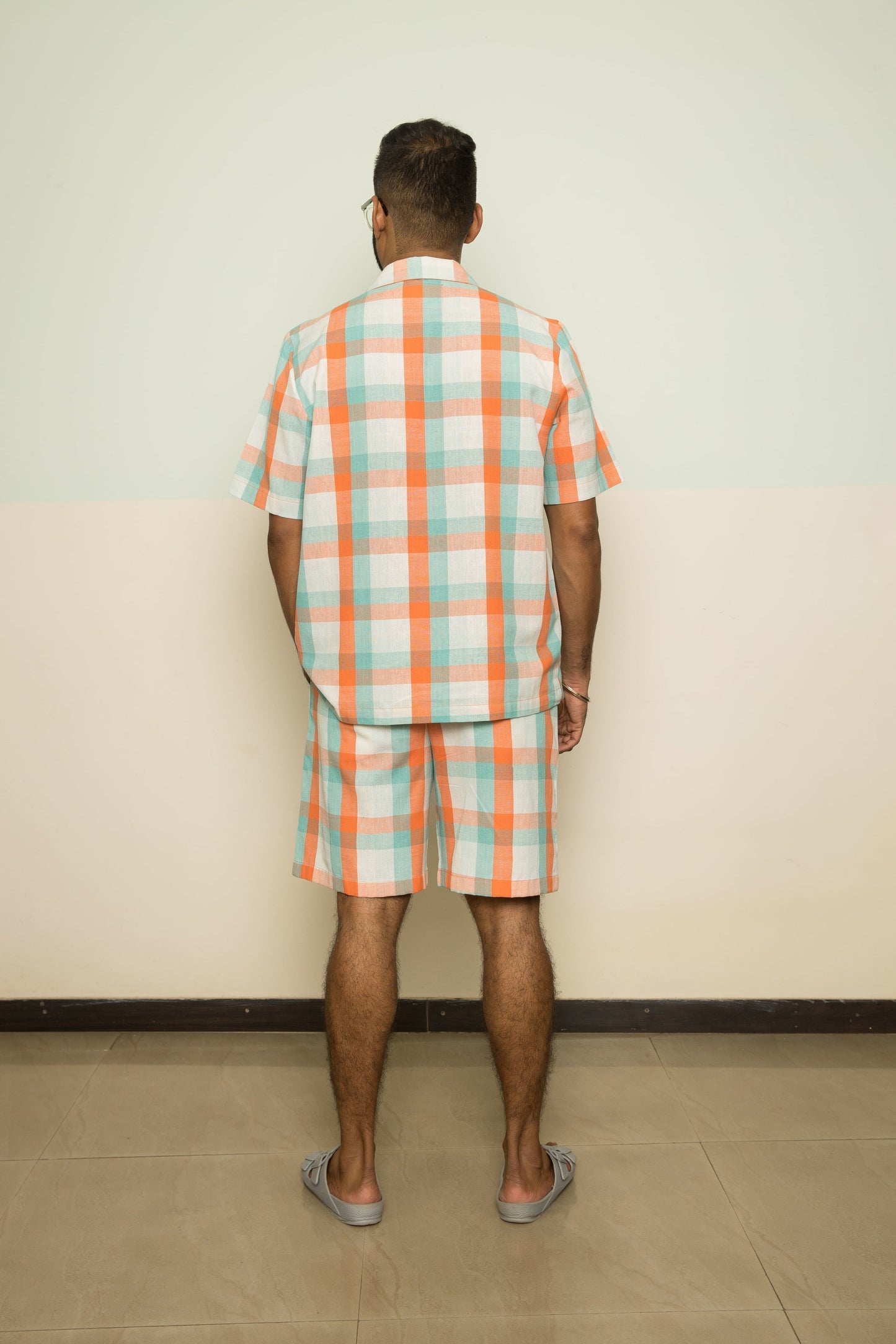 Orange Checks Mens Co-ord by Anushé Pirani with 100% Cotton, Casual Wear, Checks, Handwoven, Handwoven Cotton, Lounge Wear Co-ords, Orange, Regular Fit, The Co-ord Edit, The Co-ord Edit by Anushe Pirani, Womenswear at Kamakhyaa for sustainable fashion