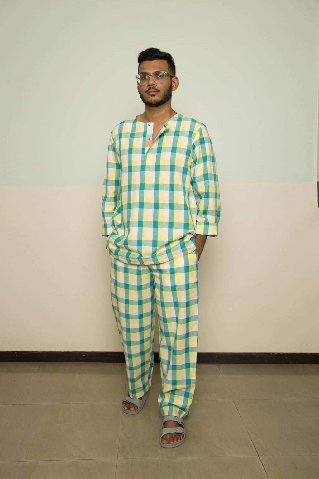 Green Casual Co-ord by Anushé Pirani with 100% Cotton, Casual Wear, Checks, Green, Handwoven, Handwoven Cotton, Lounge Wear Co-ords, Regular Fit, The Co-ord Edit, The Co-ord Edit by Anushe Pirani, Womenswear at Kamakhyaa for sustainable fashion