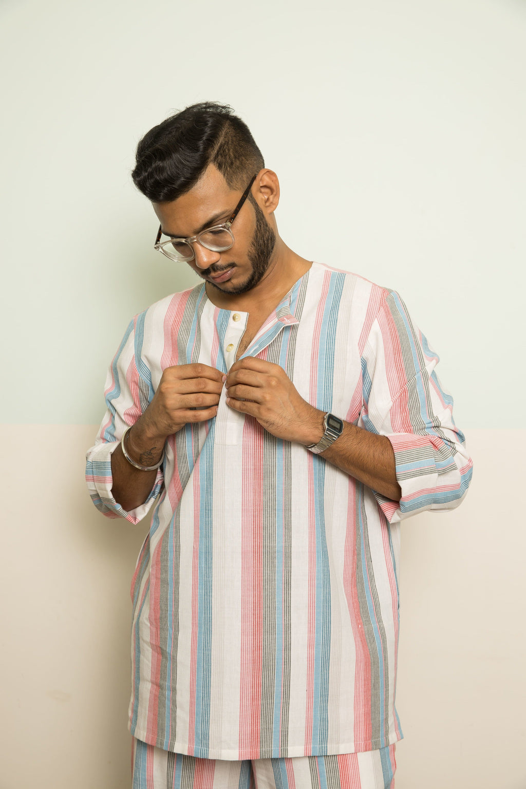 Pink Cotton Co-ord Set by Anushé Pirani with 100% Cotton, Casual Wear, Handwoven, Handwoven Cotton, Lounge Wear Co-ords, Pink, Regular Fit, Stripes, The Co-ord Edit, The Co-ord Edit by Anushe Pirani, Womenswear at Kamakhyaa for sustainable fashion