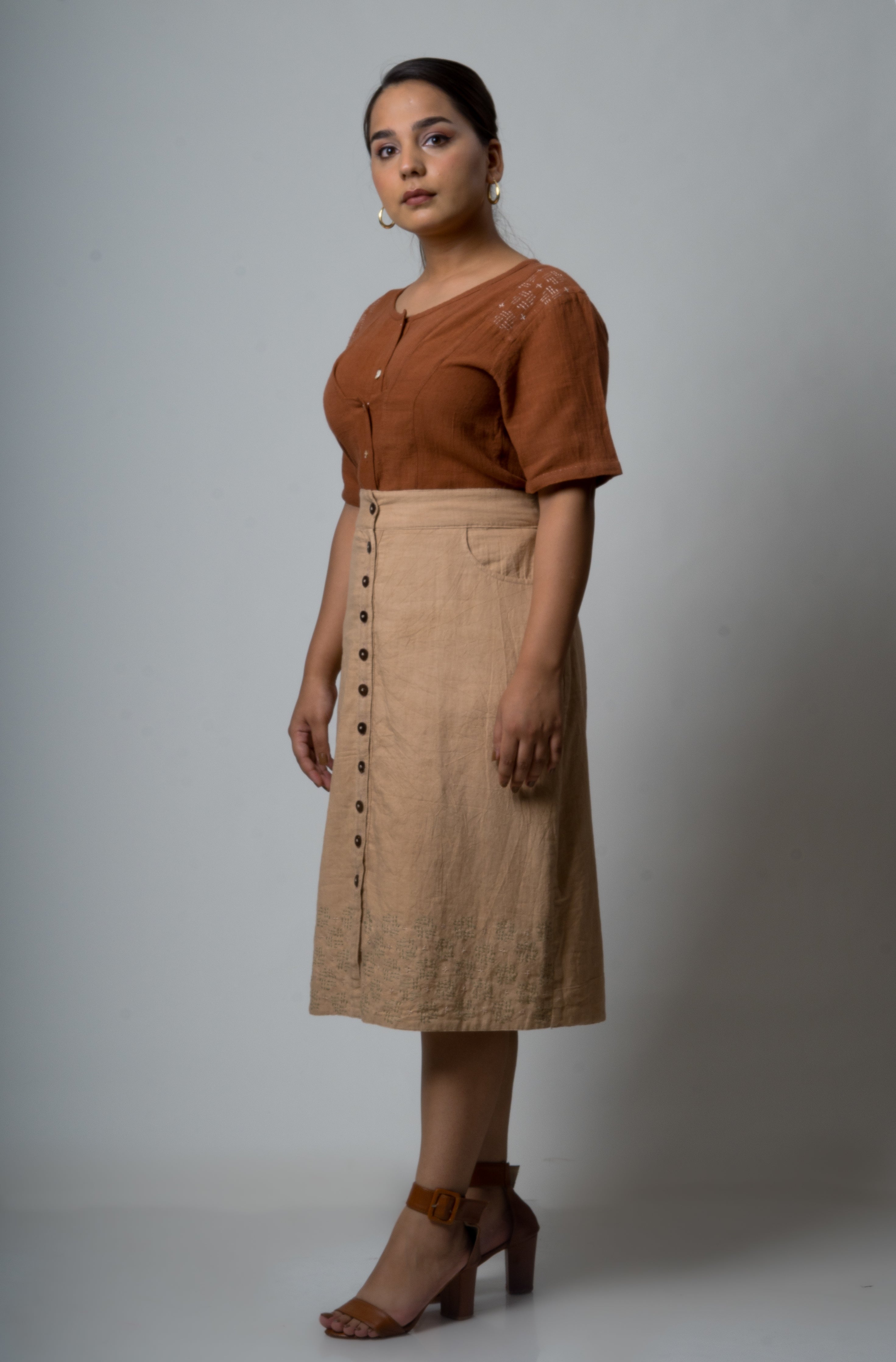 Brown Embroidered Cotton Tunic Top by Lafaani with Brown, Casual Wear, Cotton, fall, Natural, Regular Fit, Shirts, Solids, The Way You Look by Lafaani, Tops, Womenswear at Kamakhyaa for sustainable fashion