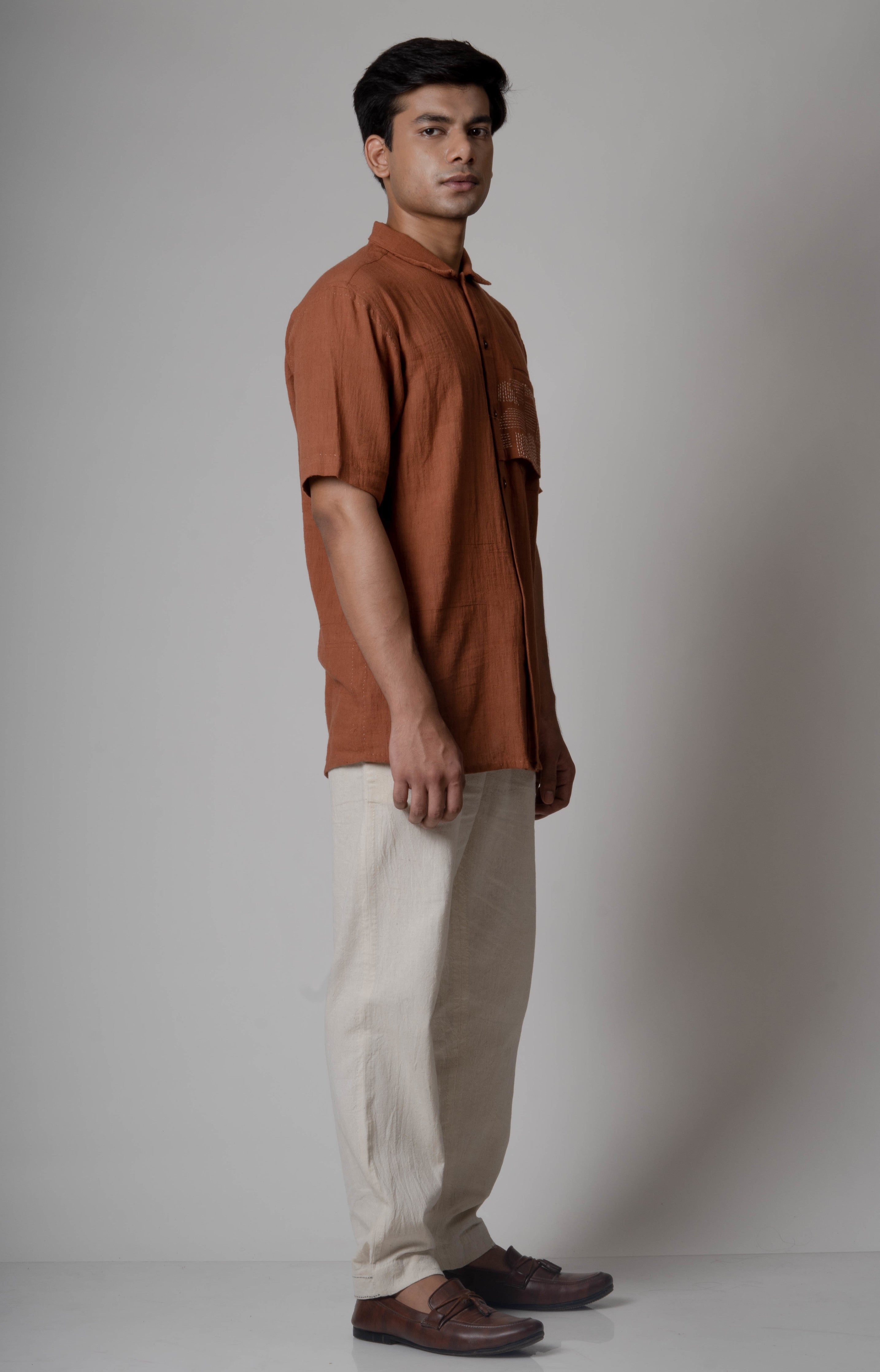 Brown Embroidered Cotton Shirt by Lafaani with Brown, Casual Wear, Cotton, fall, For Him, Menswear, Natural, Regular Fit, Shirts, Solids, The Way You Look by Lafaani, Tops at Kamakhyaa for sustainable fashion