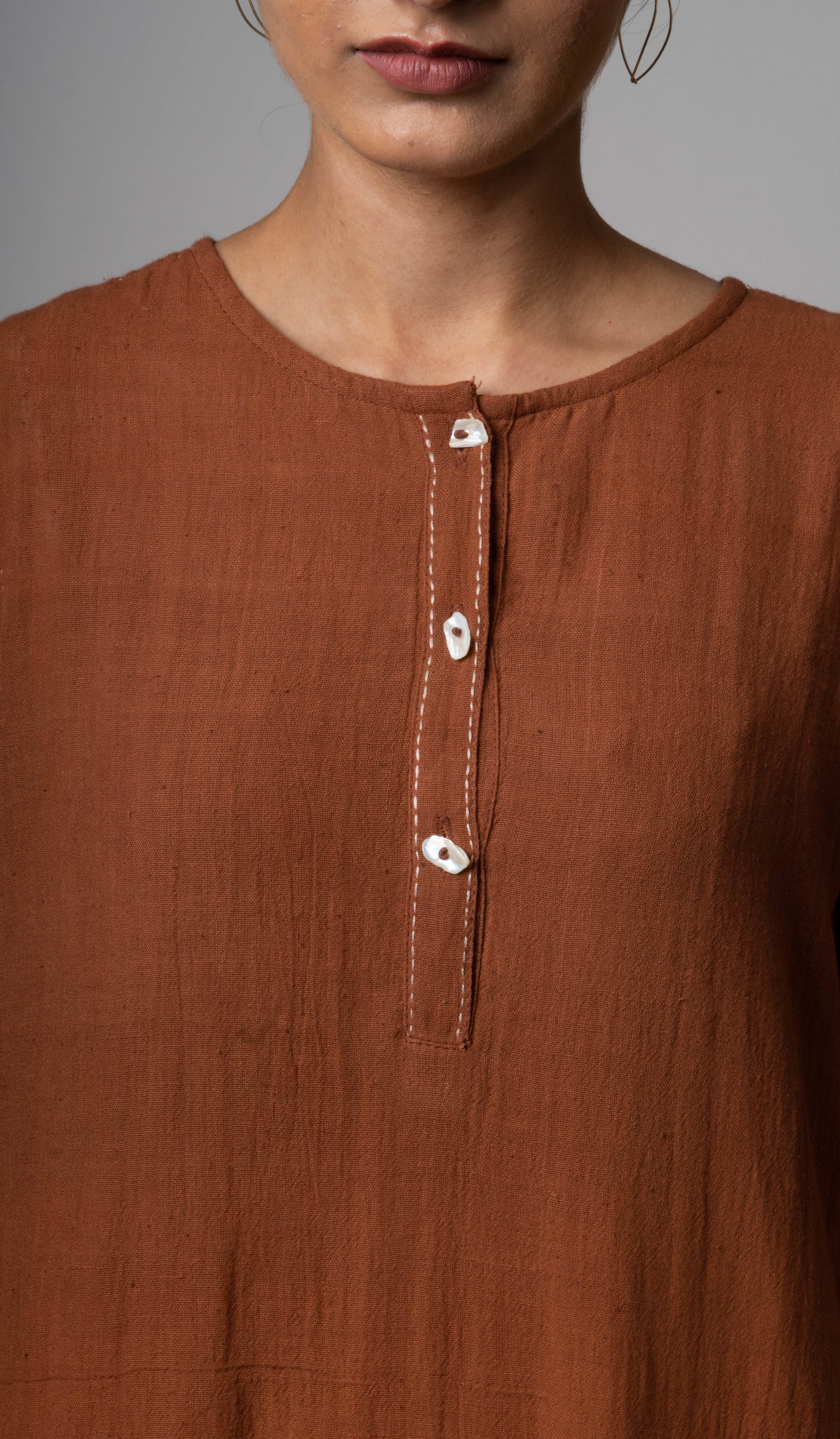 Brown Embroidered Cotton Kurta by Lafaani with Brown, Casual Wear, Cotton, fall, Indian Wear, Kurtas, Natural, Regular Fit, Solids, The Way You Look by Lafaani, Womenswear at Kamakhyaa for sustainable fashion