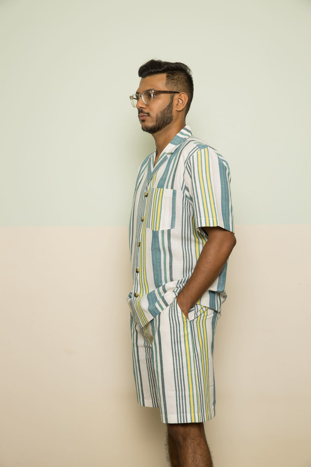 Blue Checks Mens Co-ord by Anushé Pirani with 100% Cotton, Blue, Casual Wear, Handwoven, Handwoven Cotton, Lounge Wear Co-ords, Regular Fit, Stripes, The Co-ord Edit, The Co-ord Edit by Anushe Pirani, Womenswear at Kamakhyaa for sustainable fashion