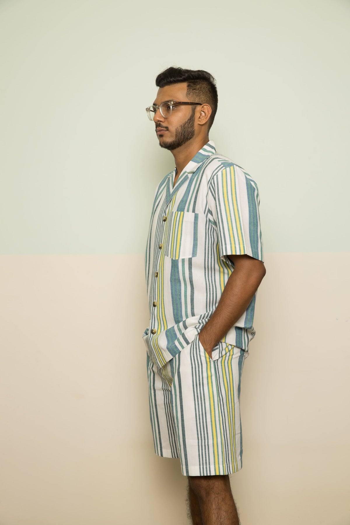 Blue Checks Mens Co-ord by Anushé Pirani with 100% Cotton, Blue, Casual Wear, Handwoven, Handwoven Cotton, Lounge Wear Co-ords, Regular Fit, Stripes, The Co-ord Edit, The Co-ord Edit by Anushe Pirani, Womenswear at Kamakhyaa for sustainable fashion