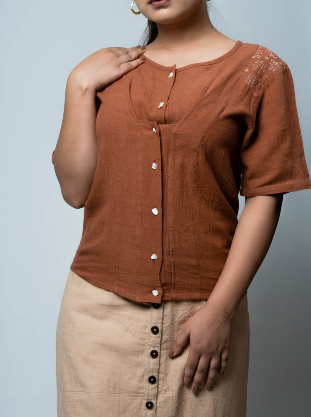 Brown Embroidered Cotton Tunic Top by Lafaani with Brown, Casual Wear, Cotton, fall, Natural, Regular Fit, Shirts, Solids, The Way You Look by Lafaani, Tops, Womenswear at Kamakhyaa for sustainable fashion