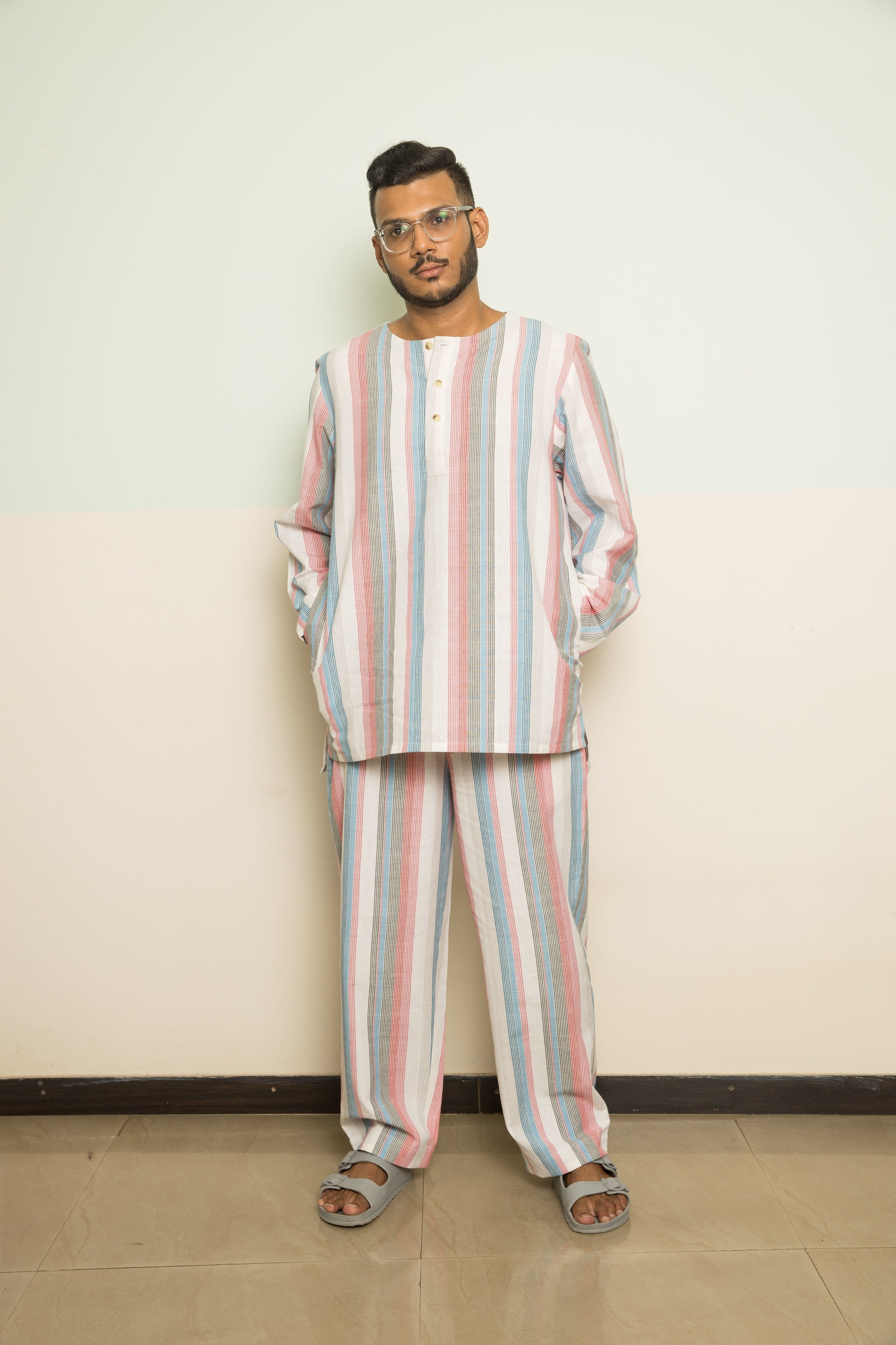 Pink Cotton Co-ord Set by Anushé Pirani with 100% Cotton, Casual Wear, Handwoven, Handwoven Cotton, Lounge Wear Co-ords, Pink, Regular Fit, Stripes, The Co-ord Edit, The Co-ord Edit by Anushe Pirani, Womenswear at Kamakhyaa for sustainable fashion