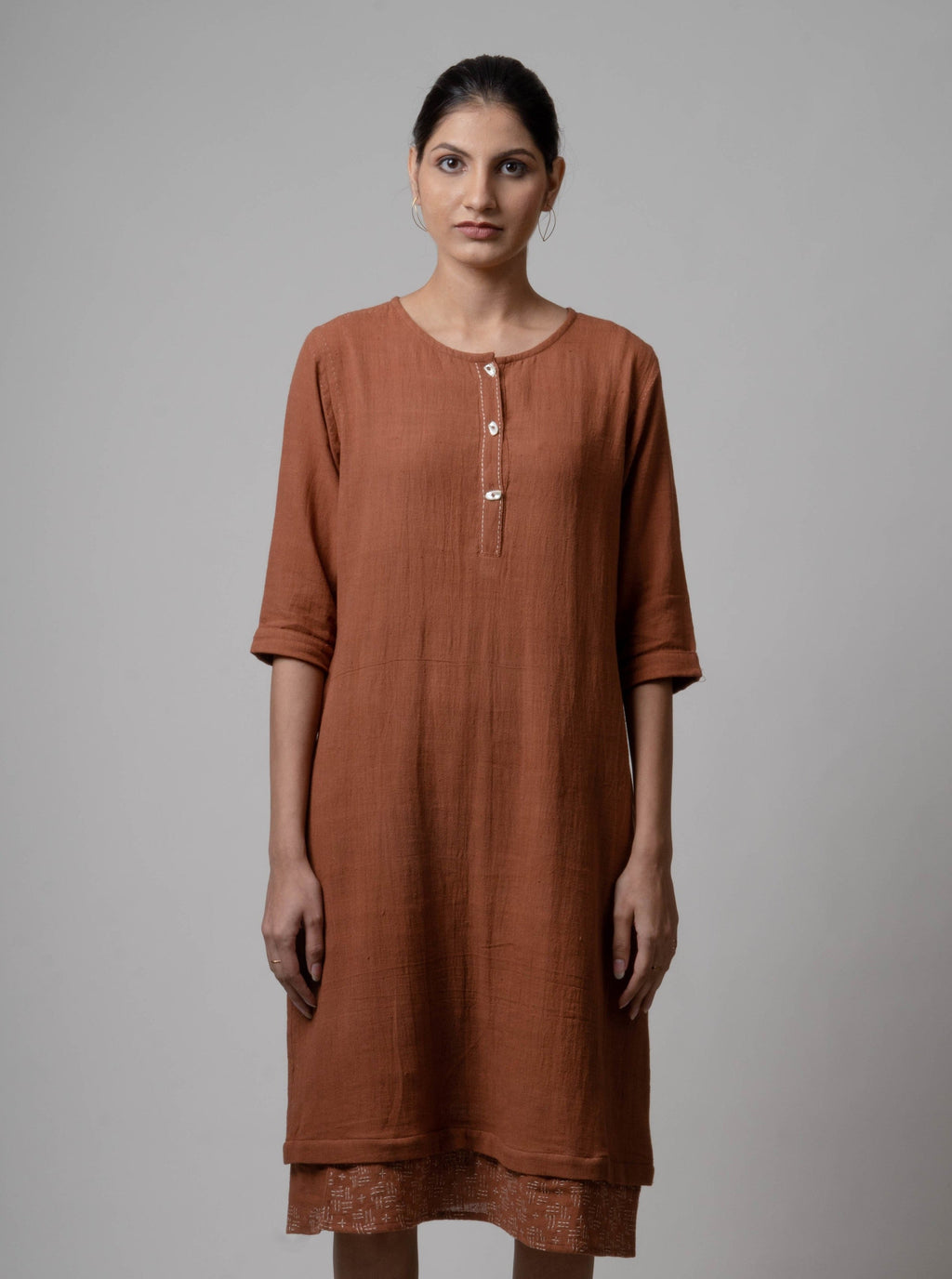 Brown Embroidered Cotton Kurta by Lafaani with Brown, Casual Wear, Cotton, fall, Indian Wear, Kurtas, Natural, Regular Fit, Solids, The Way You Look by Lafaani, Womenswear at Kamakhyaa for sustainable fashion