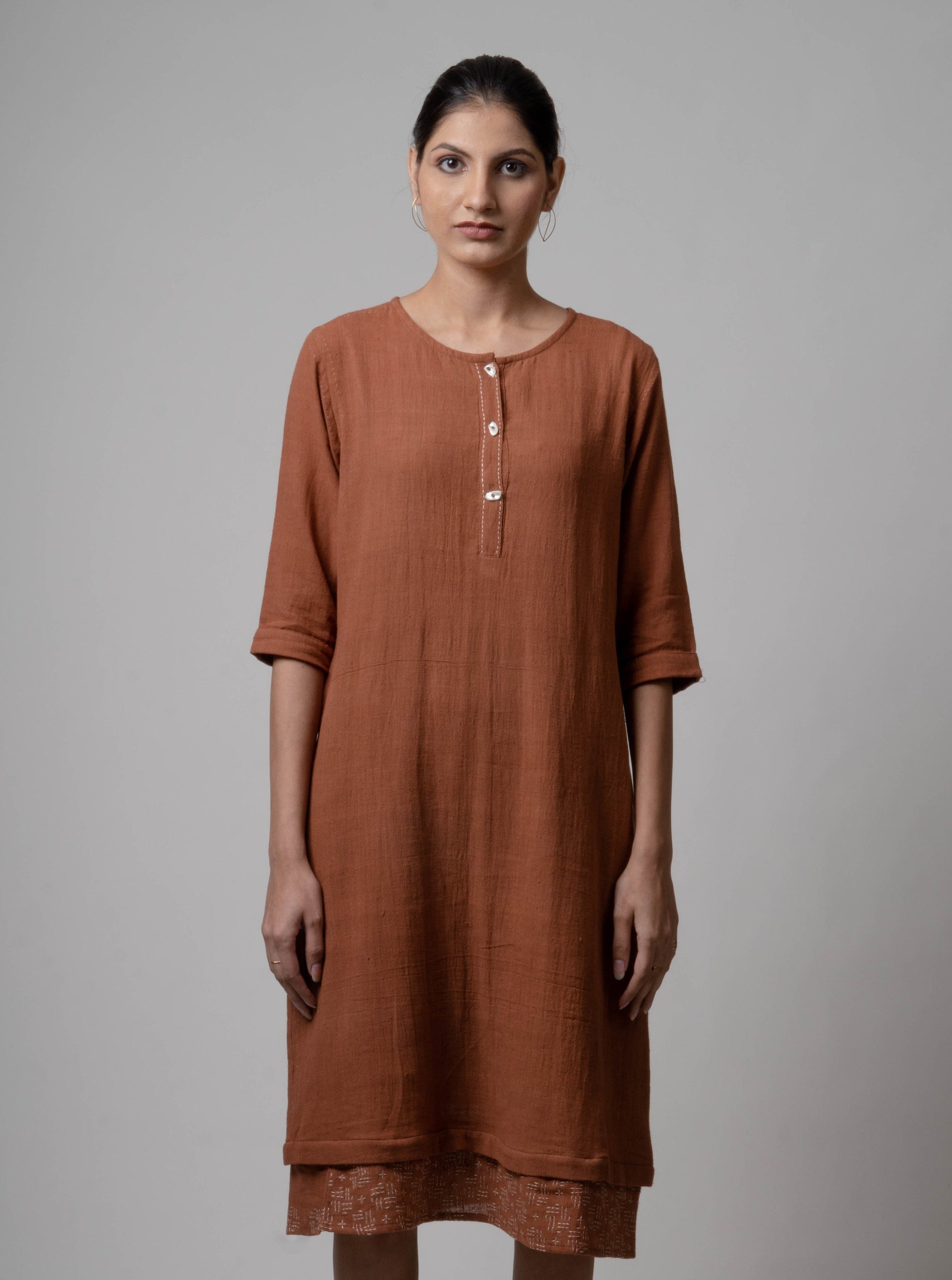 Brown Embroidered Cotton Kurta by Lafaani with Brown, Casual Wear, Cotton, fall, Indian Wear, Kurtas, Natural, Regular Fit, Solids, The Way You Look by Lafaani, Womenswear at Kamakhyaa for sustainable fashion