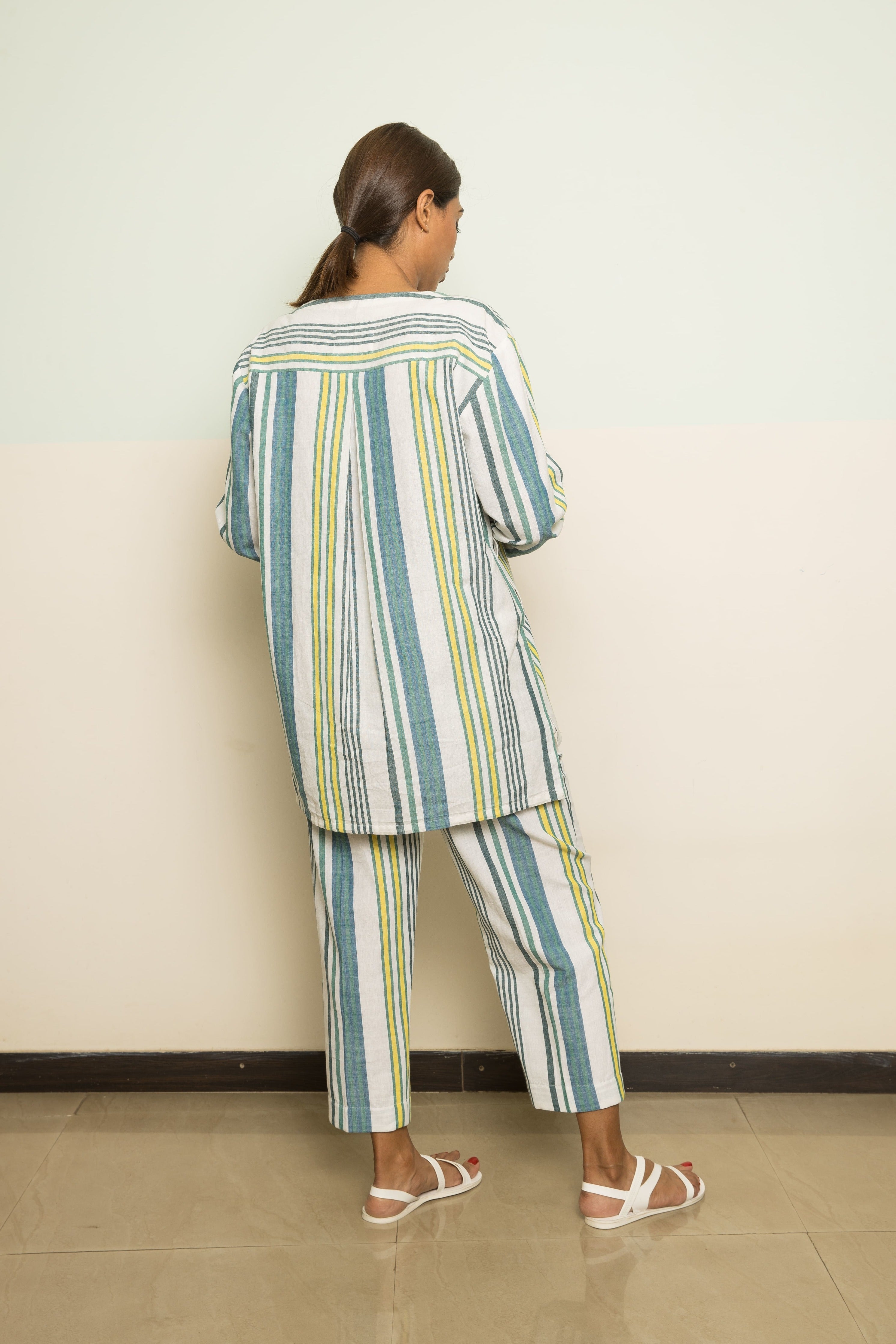 Blue Cotton Casual Co-ord by Anushé Pirani with 100% Cotton, Blue, Casual Wear, Handwoven, Handwoven Cotton, Lounge Wear Co-ords, Regular Fit, Stripes, The Co-ord Edit, The Co-ord Edit by Anushe Pirani, Womenswear at Kamakhyaa for sustainable fashion