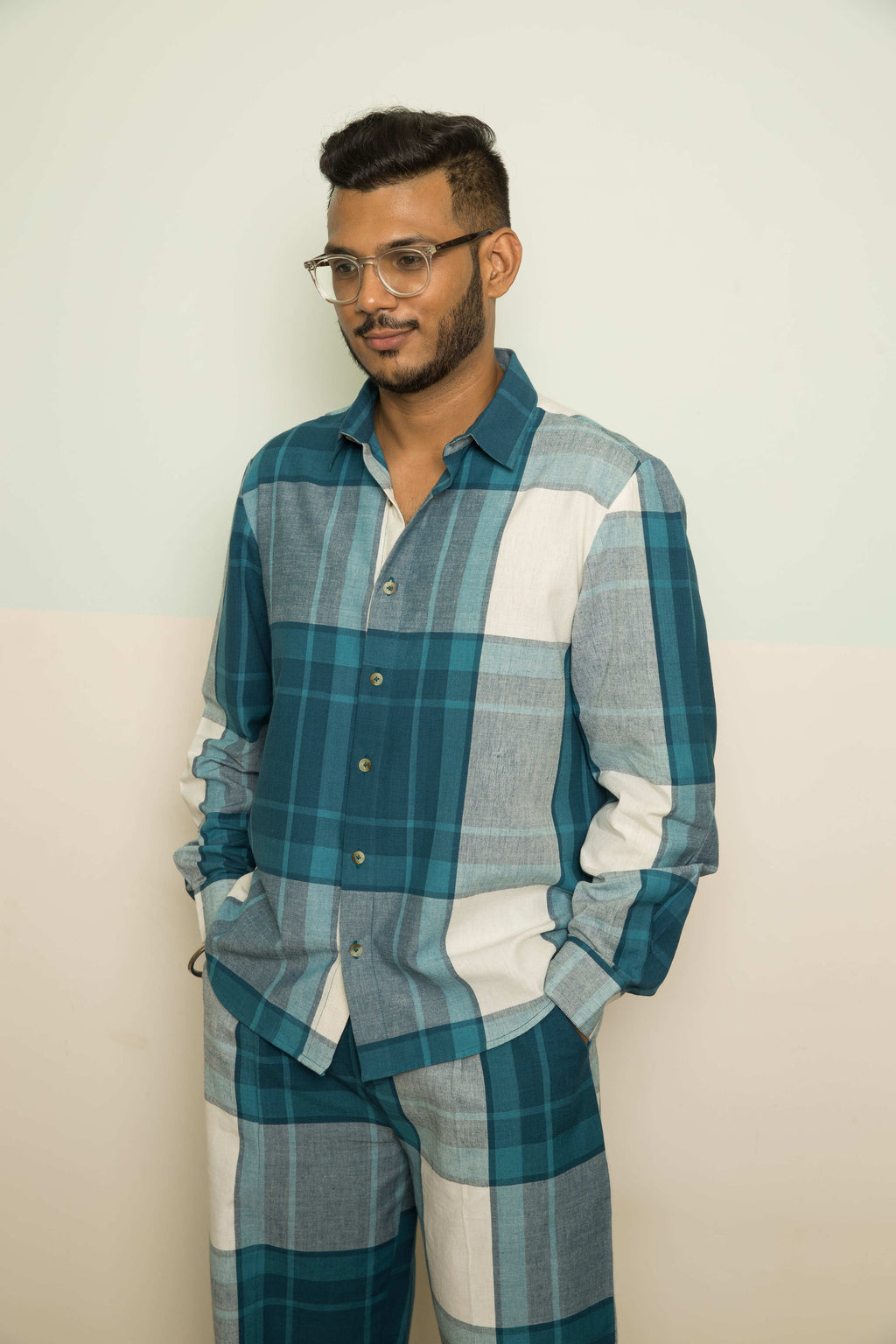 Blue Casual Mens Co-ord by Anushé Pirani with 100% Cotton, Blue, Casual Wear, Checks, Handwoven, Handwoven Cotton, Lounge Wear Co-ords, Regular Fit, The Co-ord Edit, The Co-ord Edit by Anushe Pirani, Womenswear at Kamakhyaa for sustainable fashion