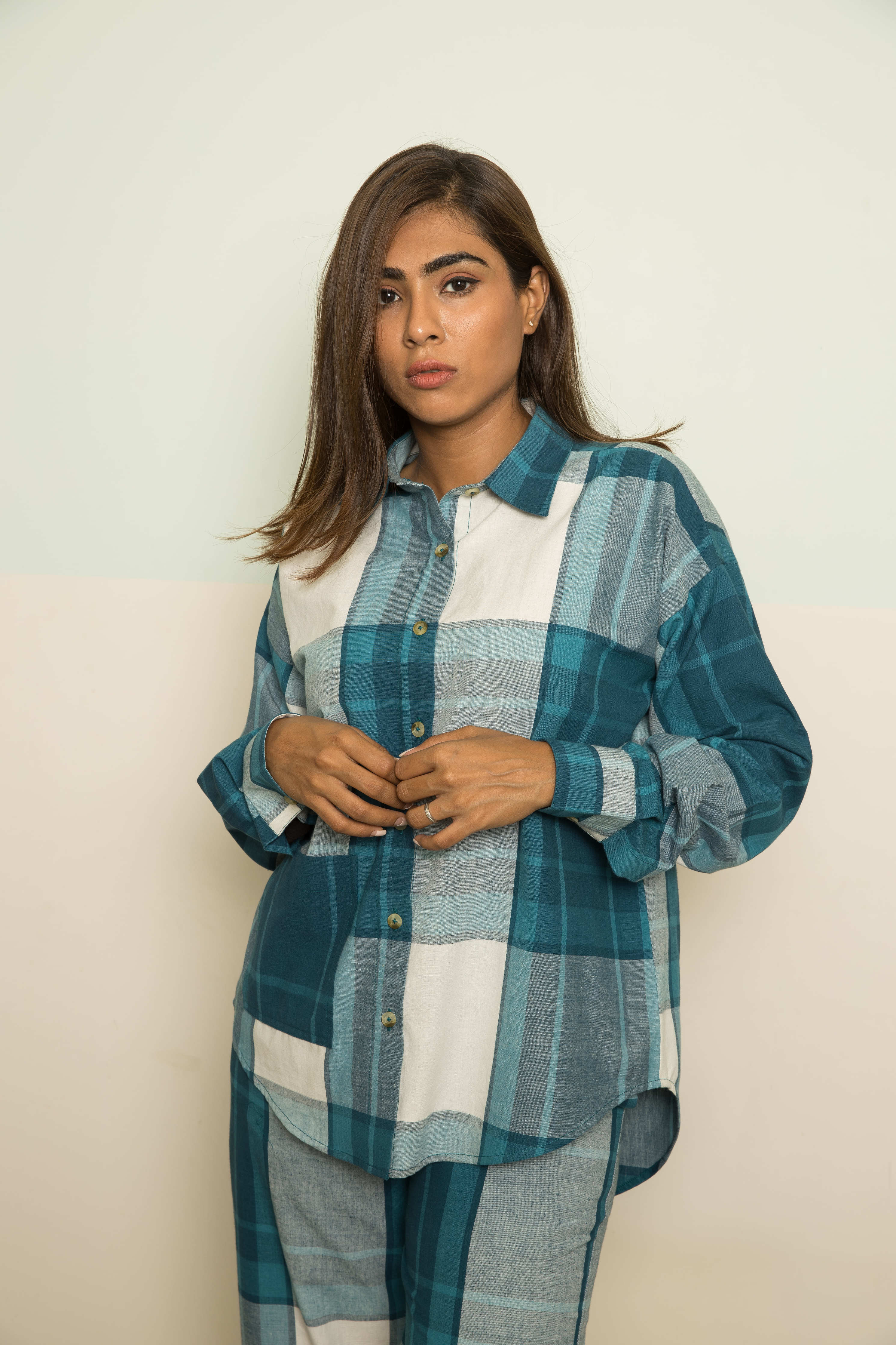 Blue Cotton Co-ord by Anushé Pirani with 100% Cotton, Blue, Casual Wear, Checks, Handwoven, Handwoven Cotton, Lounge Wear Co-ords, Regular Fit, The Co-ord Edit, The Co-ord Edit by Anushe Pirani, Womenswear at Kamakhyaa for sustainable fashion