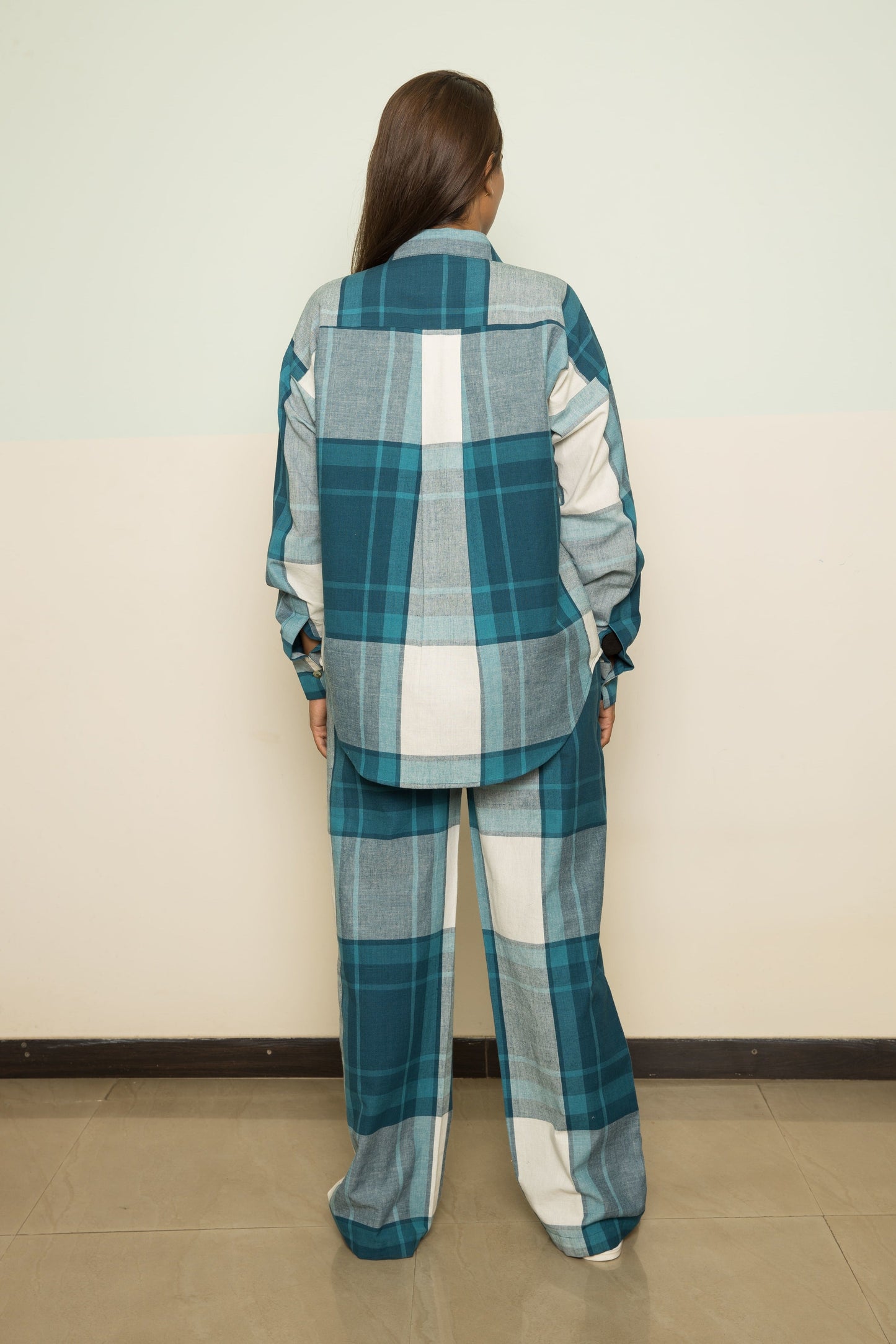 Blue Cotton Co-ord by Anushé Pirani with 100% Cotton, Blue, Casual Wear, Checks, Handwoven, Handwoven Cotton, Lounge Wear Co-ords, Regular Fit, The Co-ord Edit, The Co-ord Edit by Anushe Pirani, Womenswear at Kamakhyaa for sustainable fashion
