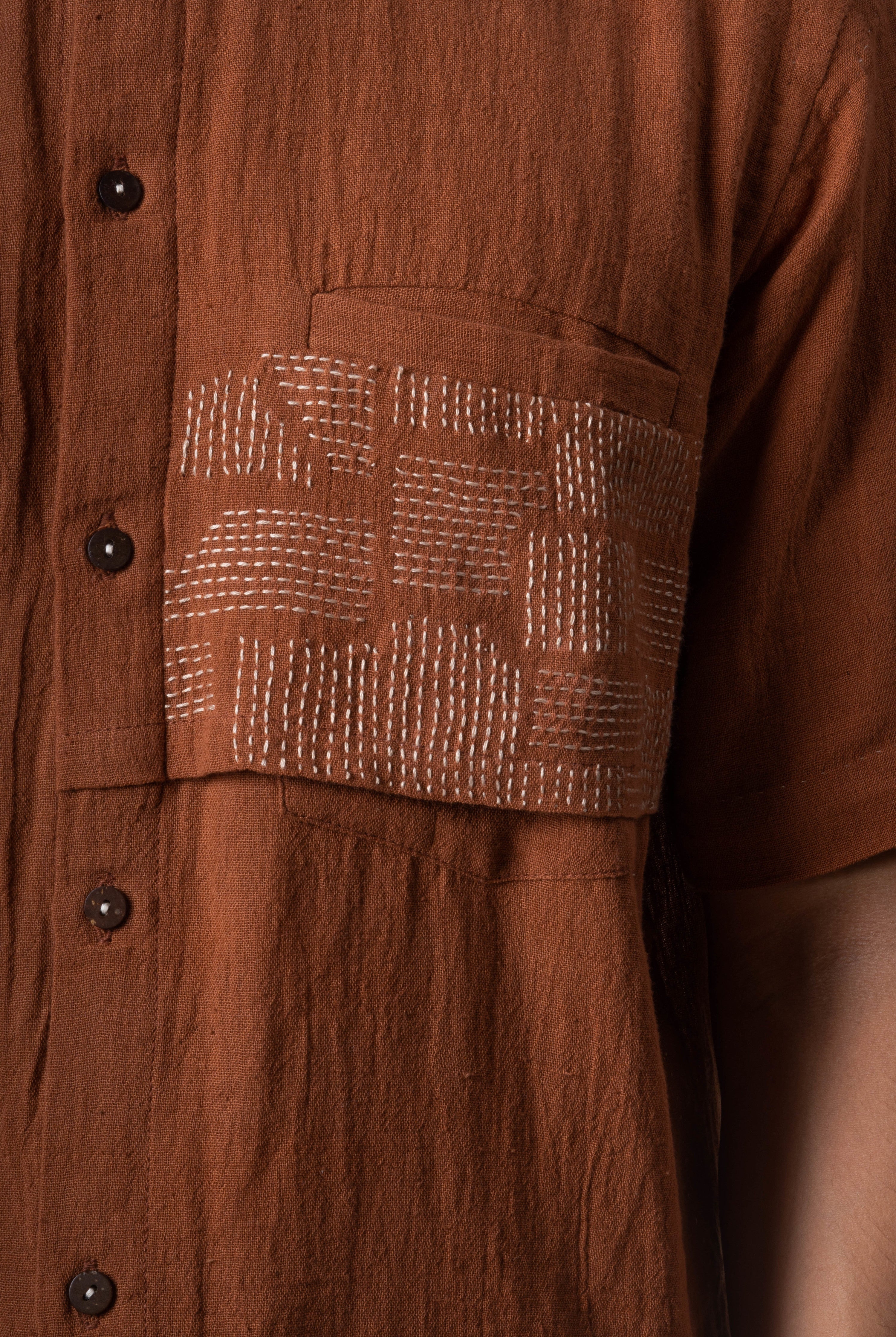 Brown Embroidered Cotton Shirt by Lafaani with Brown, Casual Wear, Cotton, fall, For Him, Menswear, Natural, Regular Fit, Shirts, Solids, The Way You Look by Lafaani, Tops at Kamakhyaa for sustainable fashion