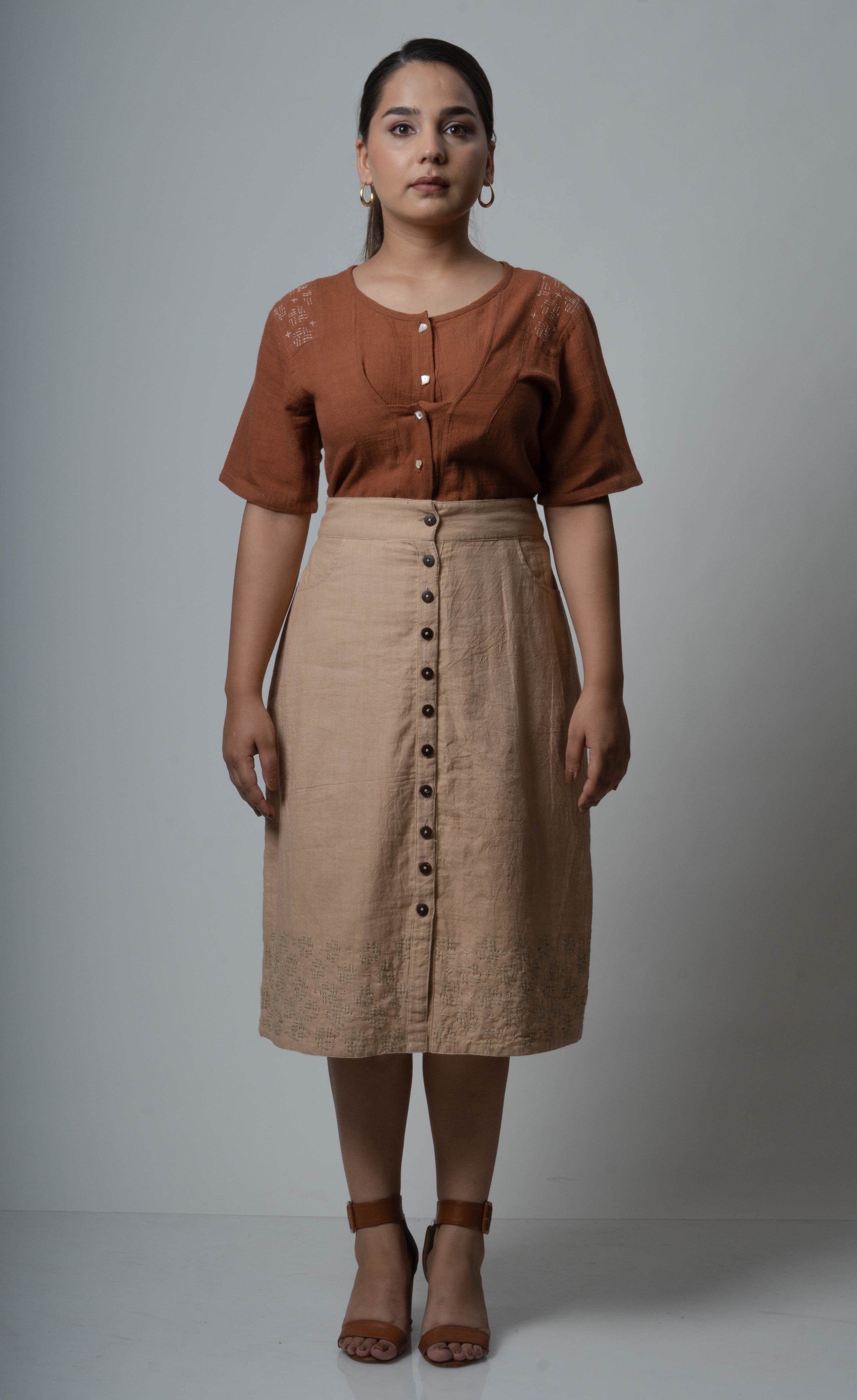 Brown Embroidered Cotton Tunic Top by Lafaani with Brown, Casual Wear, Cotton, fall, Natural, Regular Fit, Shirts, Solids, The Way You Look by Lafaani, Tops, Womenswear at Kamakhyaa for sustainable fashion