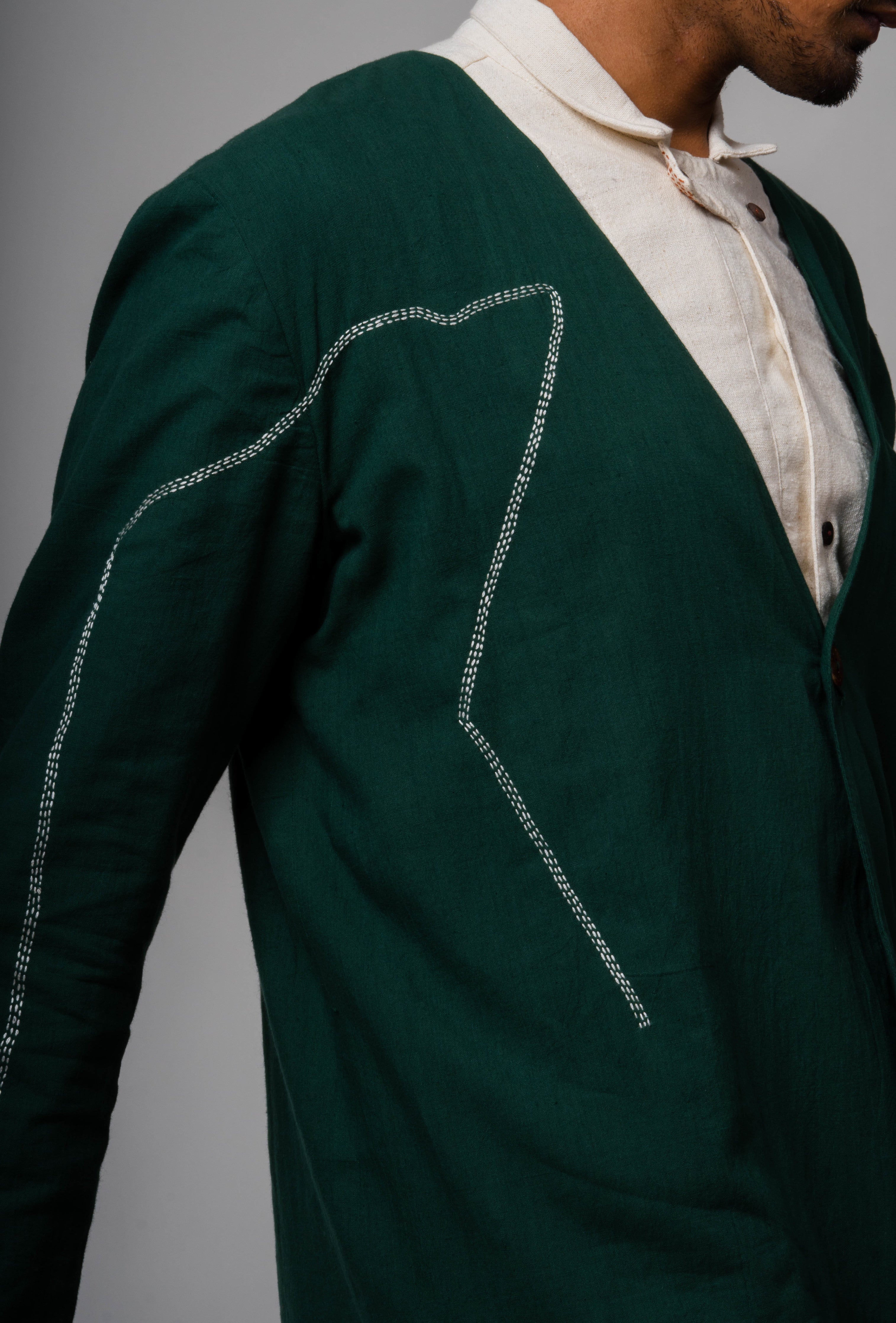 Green Embroidered Jacket by Lafaani with Casual Wear, Cotton, For Him, Green, Jackets, Mens Overlay, Menswear, Natural, Relaxed Fit, Solids, The Way You Look by Lafaani at Kamakhyaa for sustainable fashion
