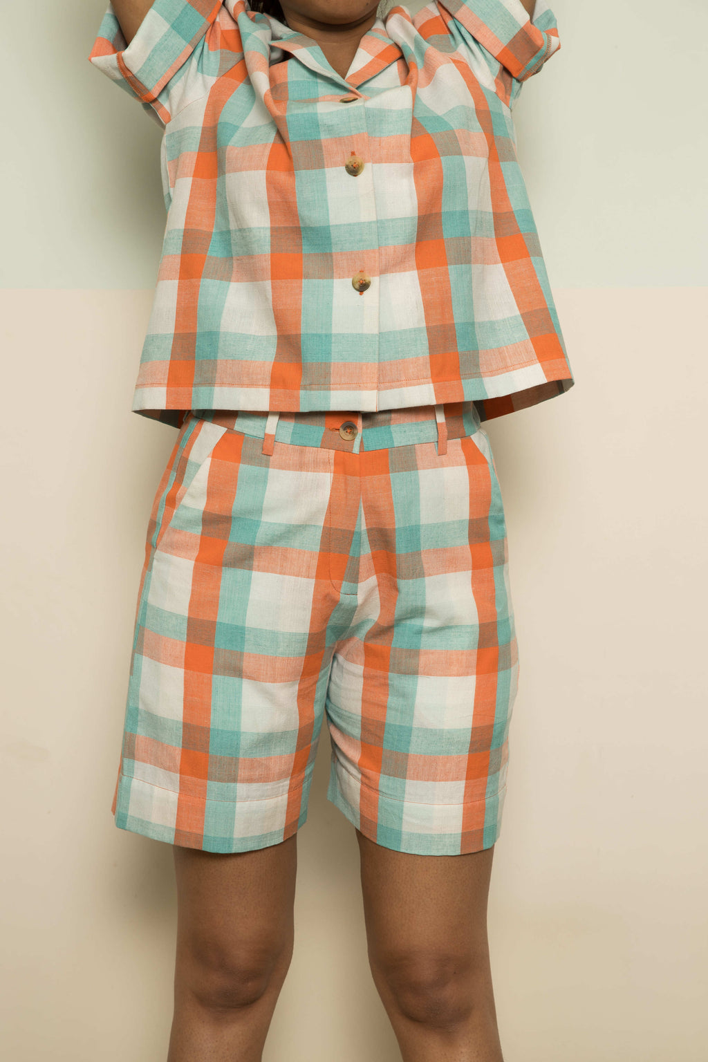 Orange Cotton Co-ord by Anushé Pirani with 100% Cotton, Casual Wear, Checks, Handwoven, Handwoven Cotton, Lounge Wear Co-ords, Orange, Regular Fit, The Co-ord Edit, The Co-ord Edit by Anushe Pirani, Womenswear at Kamakhyaa for sustainable fashion