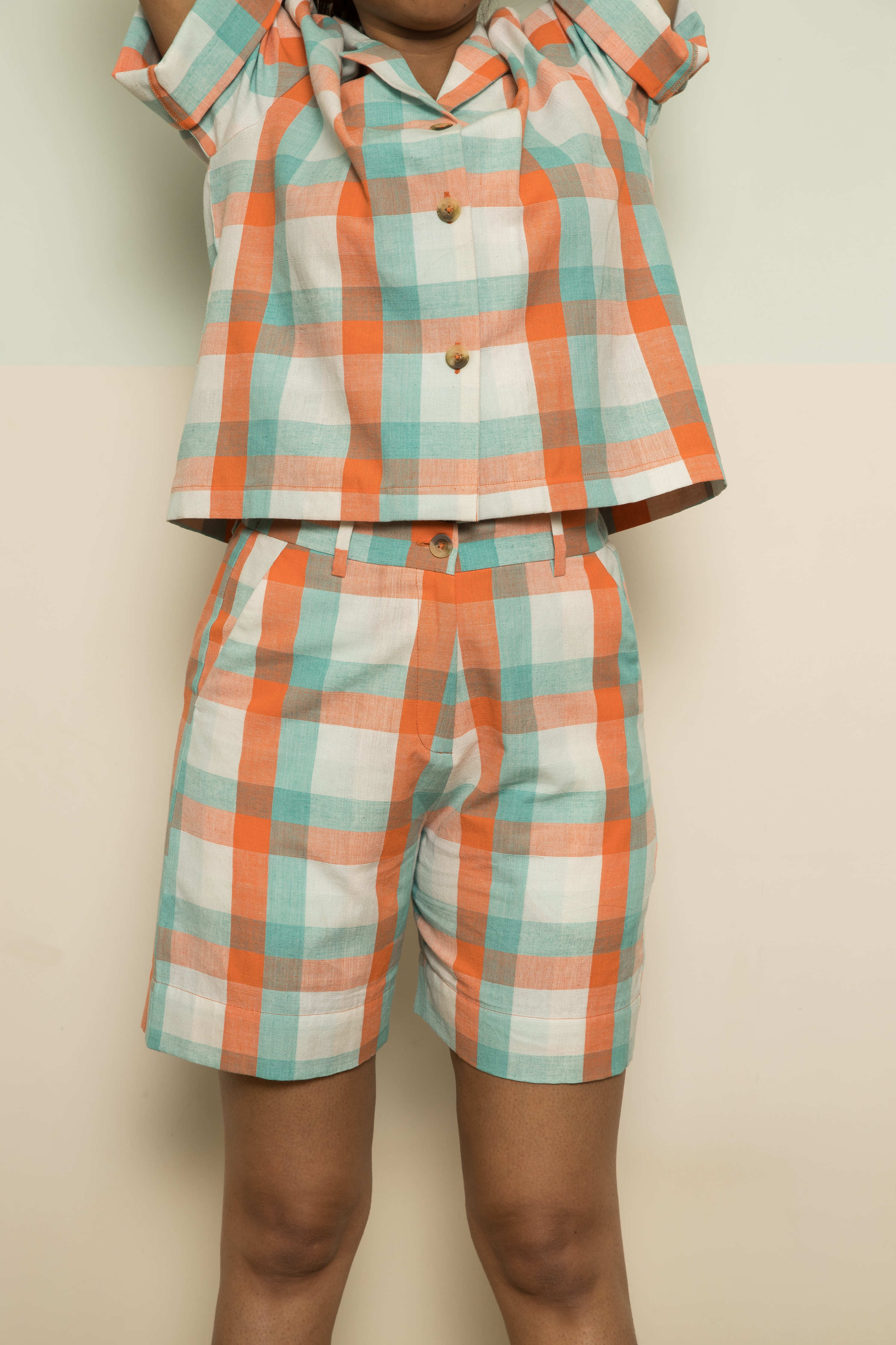Orange Cotton Co-ord by Anushé Pirani with 100% Cotton, Casual Wear, Checks, Handwoven, Handwoven Cotton, Lounge Wear Co-ords, Orange, Regular Fit, The Co-ord Edit, The Co-ord Edit by Anushe Pirani, Womenswear at Kamakhyaa for sustainable fashion
